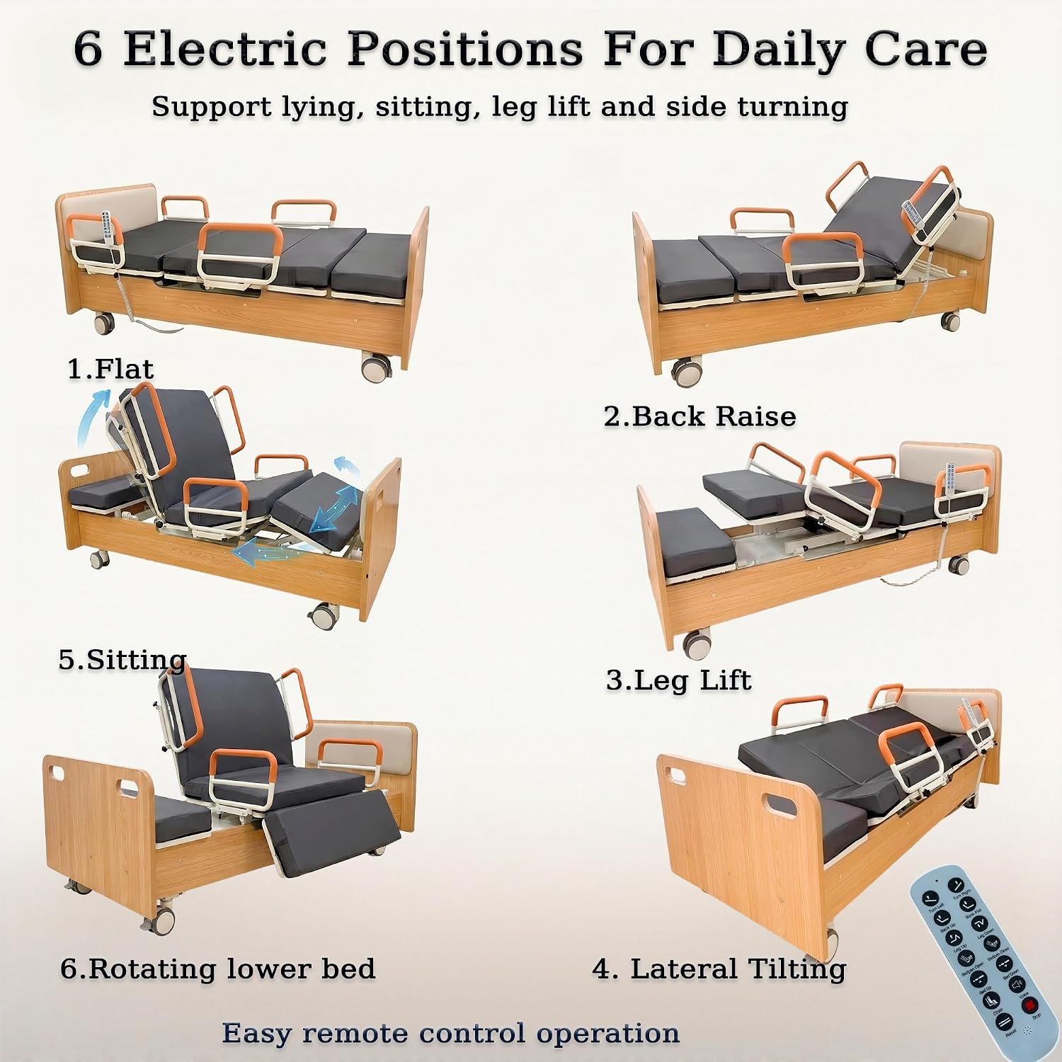 Electric Rotating Hospital Medical Beds for Senior Disabled Home Care Use | 750lbs, 90° Rotated Nursing Beds for Home Care with Adjustable Lateral Tilt & Backrest Leg Height - Image 2
