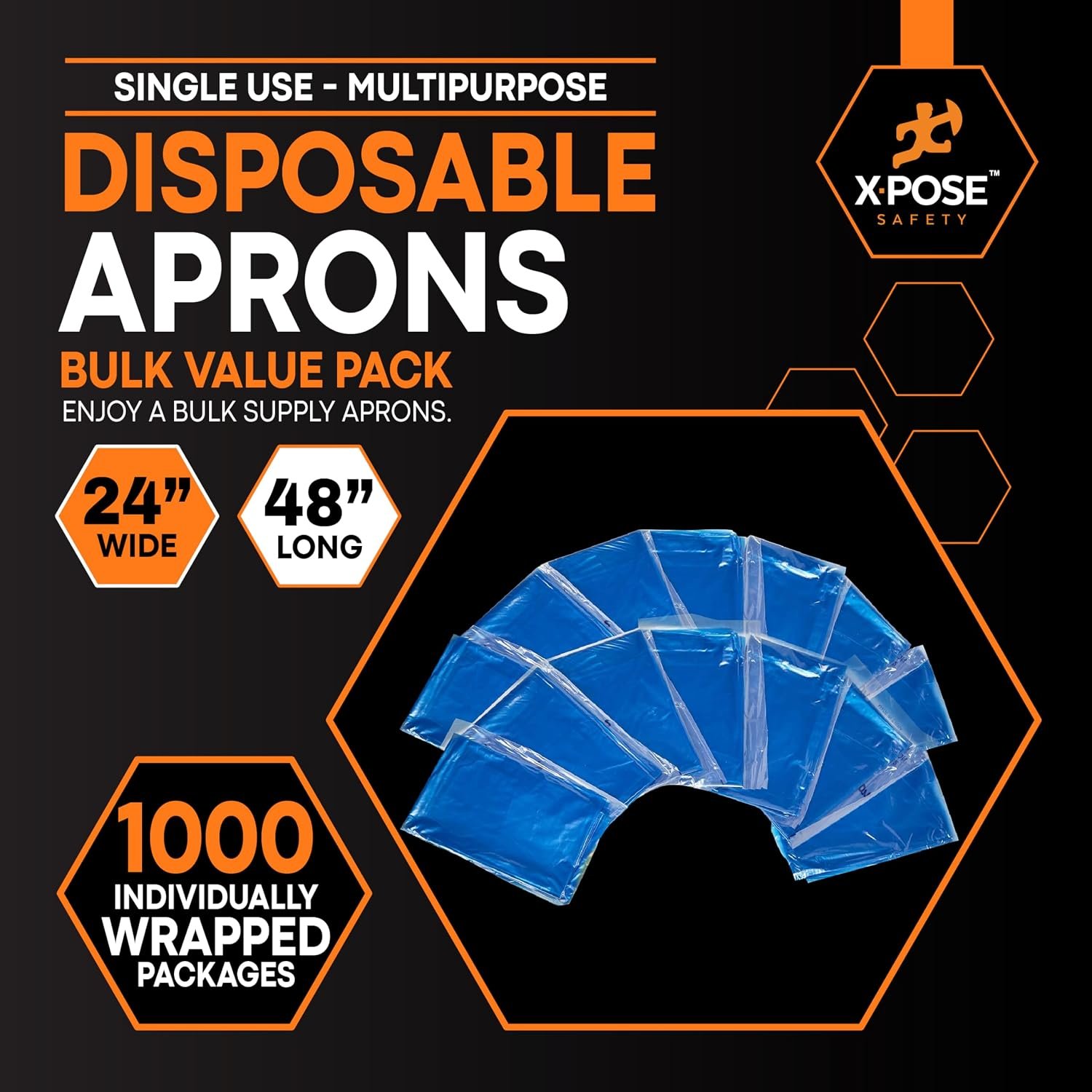 Xpose Safety 1000 Pack Blue Plastic Disposable Bulk Aprons, Individually Wrapped Waterproof Polyethylene Aprons for Cooking, Food Prep & Cleaning, 1 Mil Plastic, 24" x 48" - Image 3