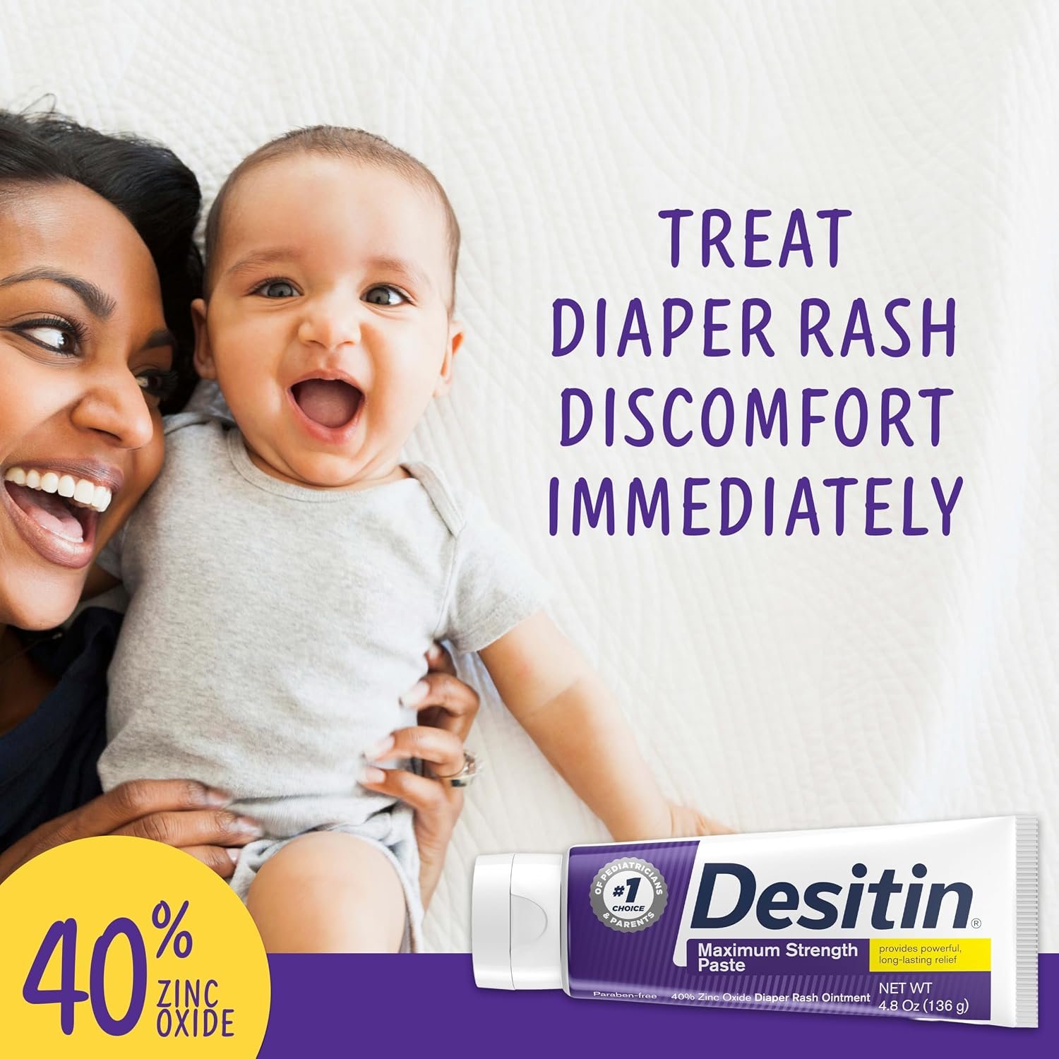 Desitin Maximum Strength Paste, 40% Zinc Oxide Paste, Diaper Rash Healing Ointment for Immediate Relief, Dermatologist Pediatrician Tested, Helps Heal Diaper Rash, Protects Up to 12 Hours, 4.8 Oz Tube - Image 2