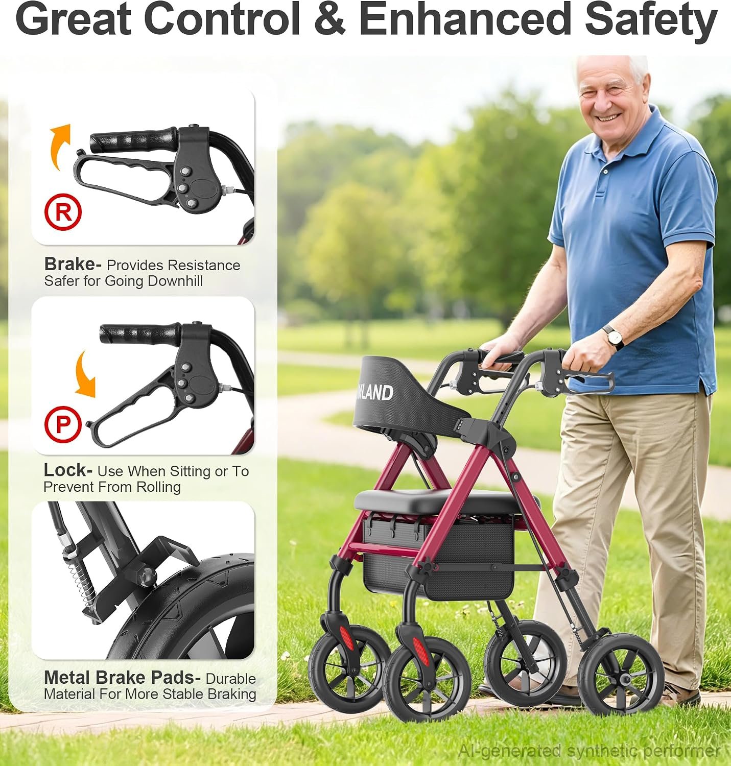 HOMLAND Foldable Rollator Walkers for Seniors with Seat, 17 lb Lightweight | 8" All-Terrain Rubber Wheels, Reinforced Aluminum Frame, Cup Holder, 16'' Enlarged Seat, Height Adjustable, Easy Assembly - Image 6