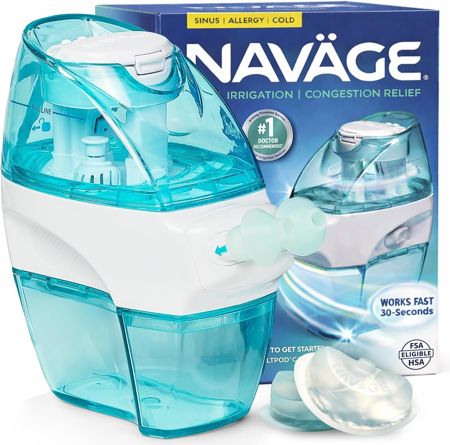 NAVAGE® Starter Bundle: Nose Cleaner, 30 SaltPods, Congestion Relief | Complete Sinus Care Kit: Powered Nasal Irrigation System w/ 30 Pre-Measured SaltPods for Clinically Proven Benefits