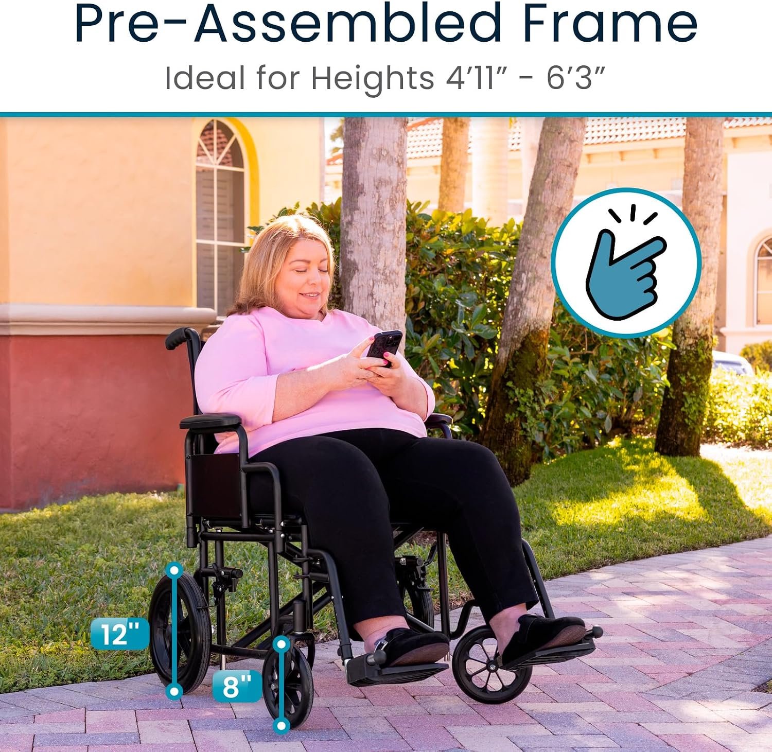 Vive Mobility Bariatric Transport Wheelchair for Adults - Supports 450lbs | Foldable, Heavy Duty Travel Wheel Chair - Portable, Transfer Aid with Swing Away Footrests & 22 Inch Wide Seat - Image 8