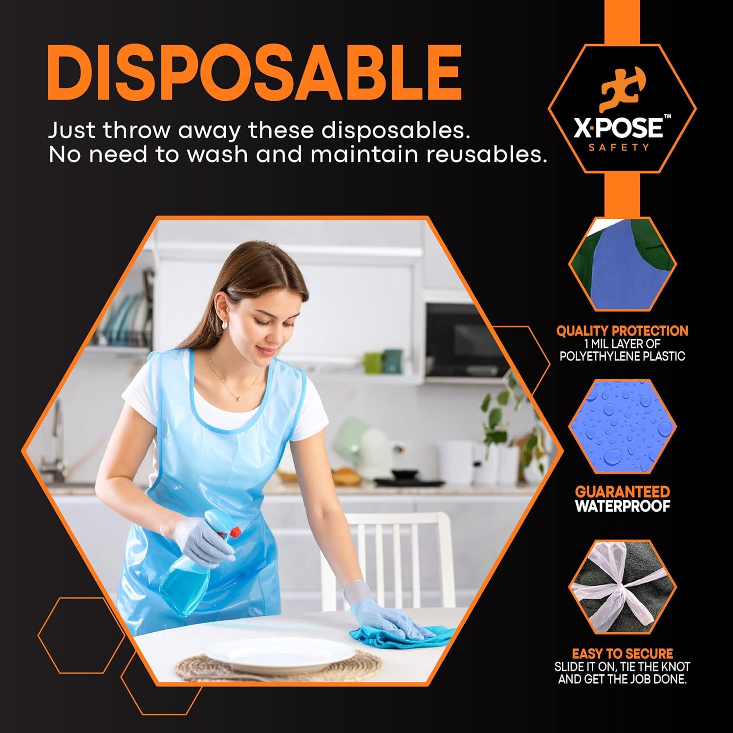 Xpose Safety 1000 Pack Blue Plastic Disposable Bulk Aprons, Individually Wrapped Waterproof Polyethylene Aprons for Cooking, Food Prep & Cleaning, 1 Mil Plastic, 24" x 48" - Image 4