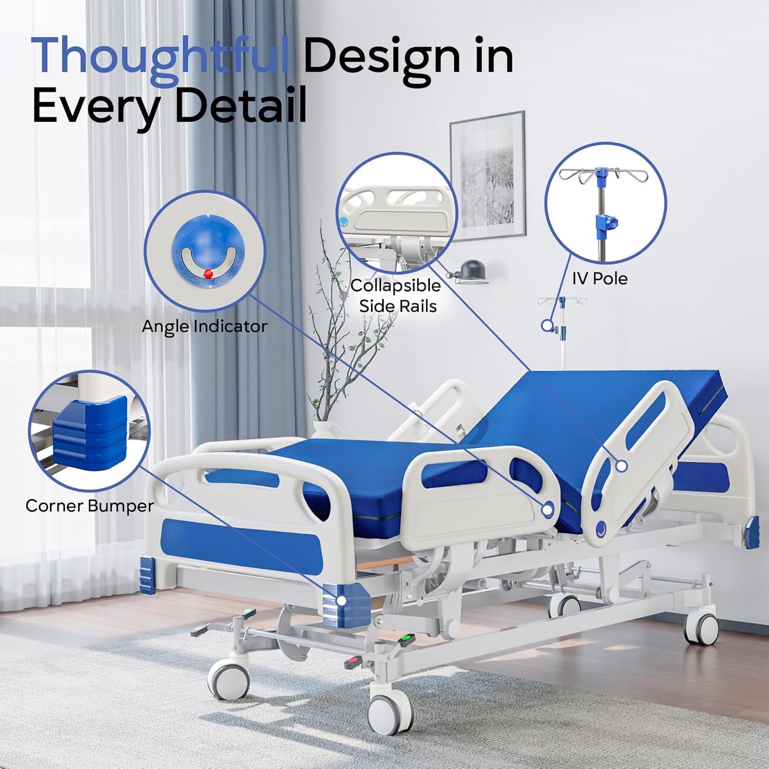 Premium Full Electric Hospital Bed for Home Use, 5 Function Medical Bed with 4.7” Foam Mattress, Height Adjustable, Central Locking System, Includes Sheets (2X) - Image 7