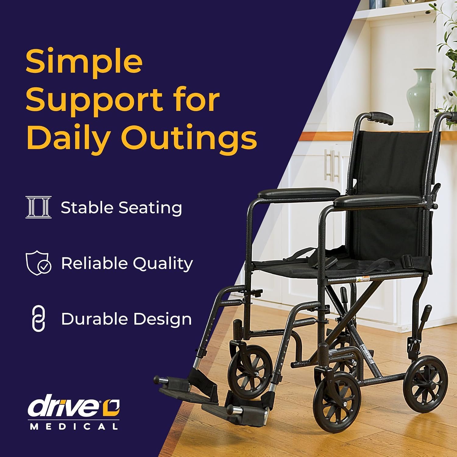 Drive Medical Folding Transport Wheelchair, Swing-Away Footrest, Silver | Lightweight Transport Wheelchair Folds for Easy Storage and Travel with Swing-Away Footrest for Simple Transfers - Image 2