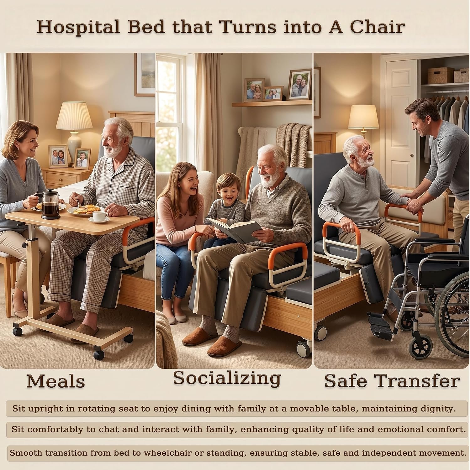 Electric Rotating Hospital Medical Beds for Senior Disabled Home Care Use | 750lbs, 90° Rotated Nursing Beds for Home Care with Adjustable Lateral Tilt & Backrest Leg Height - Image 4