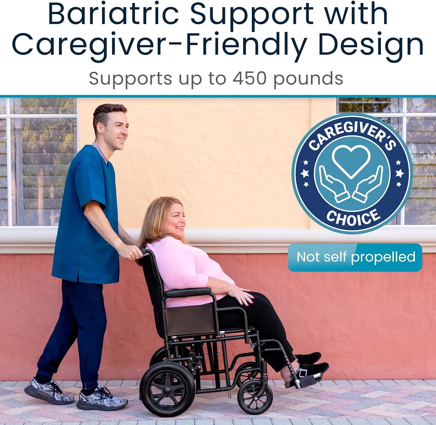 Vive Mobility Bariatric Transport Wheelchair for Adults - Supports 450lbs | Foldable, Heavy Duty Travel Wheel Chair - Portable, Transfer Aid with Swing Away Footrests & 22 Inch Wide Seat - Image 3