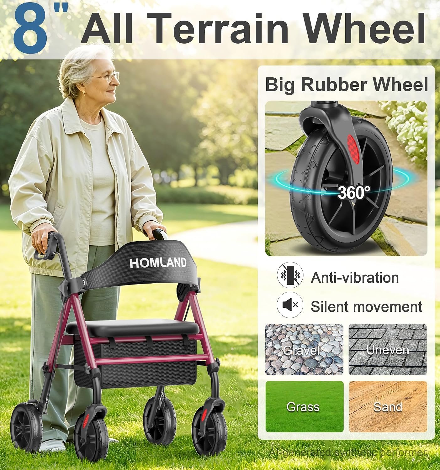 HOMLAND Foldable Rollator Walkers for Seniors with Seat, 17 lb Lightweight | 8" All-Terrain Rubber Wheels, Reinforced Aluminum Frame, Cup Holder, 16'' Enlarged Seat, Height Adjustable, Easy Assembly - Image 3