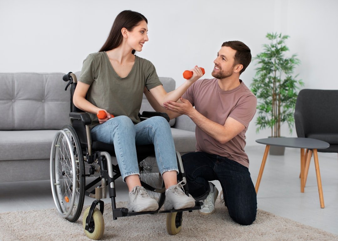 A person performing simple rehabilitation exercises at home, focusing on mobility and strength training.