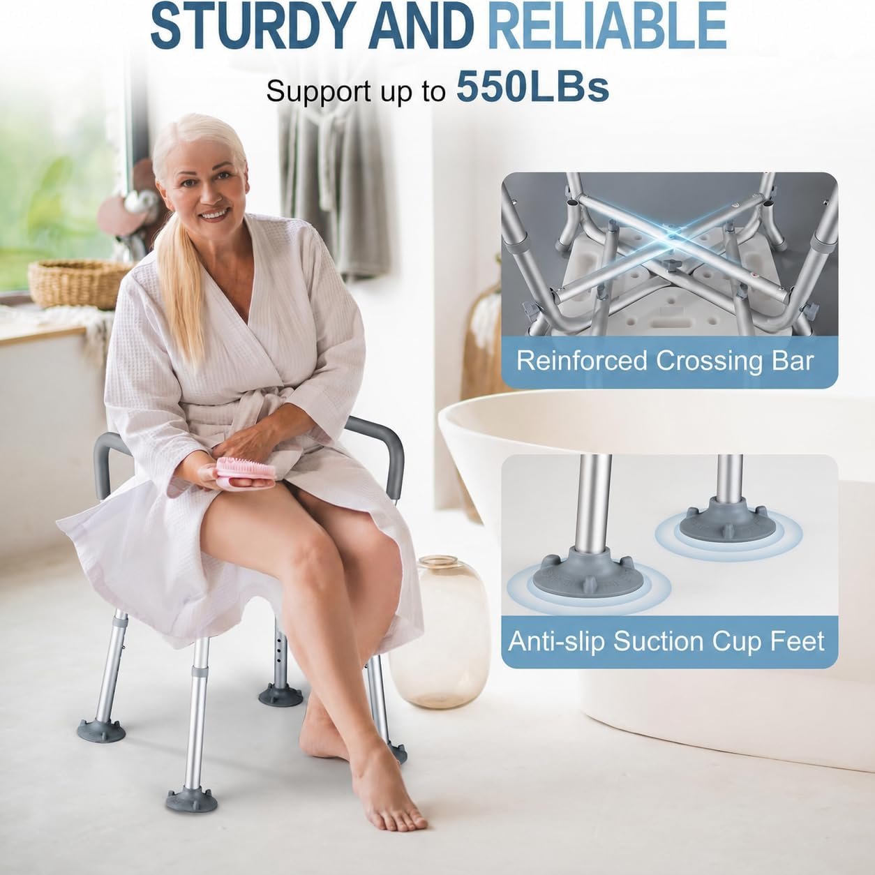550lb Adjustable Shower Chair with Arms, Back and Suction Cup Feet | 6 height settings from13.4–18.1in, reinforced crossbars and tool-free assembly for easier setup and daily bathing. - Image 3