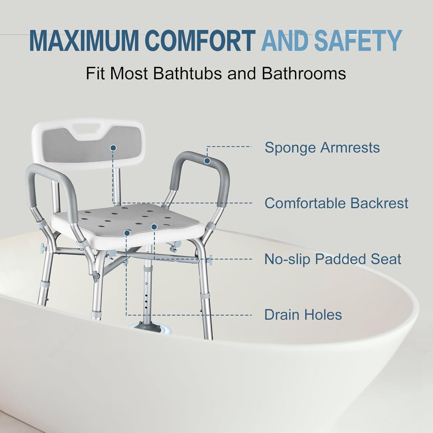550lb Adjustable Shower Chair with Arms, Back and Suction Cup Feet | 6 height settings from13.4–18.1in, reinforced crossbars and tool-free assembly for easier setup and daily bathing. - Image 7