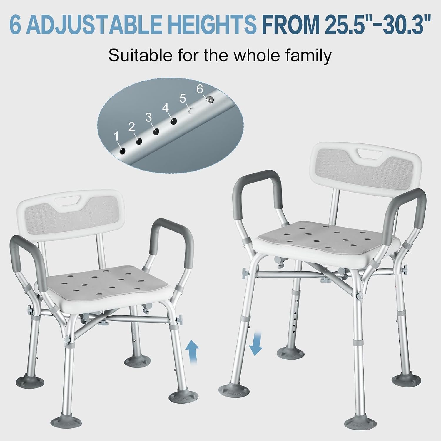 550lb Adjustable Shower Chair with Arms, Back and Suction Cup Feet | 6 height settings from13.4–18.1in, reinforced crossbars and tool-free assembly for easier setup and daily bathing. - Image 4