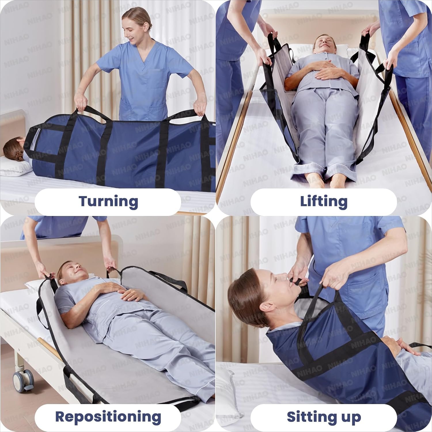 NIHAO Draw Sheet with Handles Positioning Bed Pad Washable 48" x 40" Multipurpose Patented Flannel Patient Transfer Sheet for Bedridden Lifting Turning Sliding, Navy Blue - Image 2