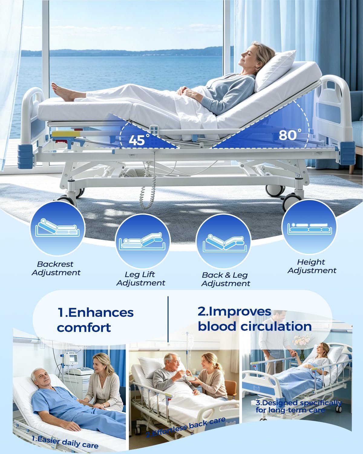 4 Function 600LBS Full Electric Hospital Bed, Beds for Home Use, Special Needs Medical Bed for Seniors with Mattress, Adjustable Hospital, Frame IV Pole, Medical Equipment Beds - Image 3
