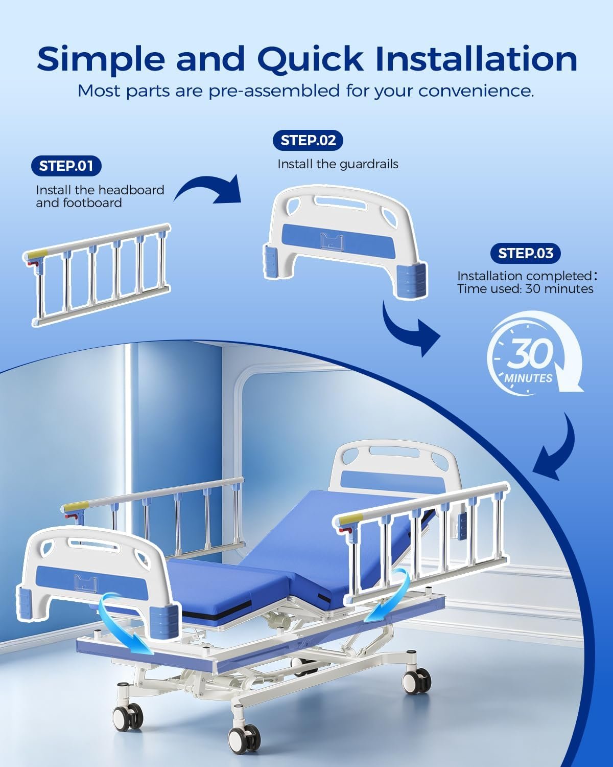 4 Function 600LBS Full Electric Hospital Bed, Beds for Home Use, Special Needs Medical Bed for Seniors with Mattress, Adjustable Hospital, Frame IV Pole, Medical Equipment Beds - Image 8