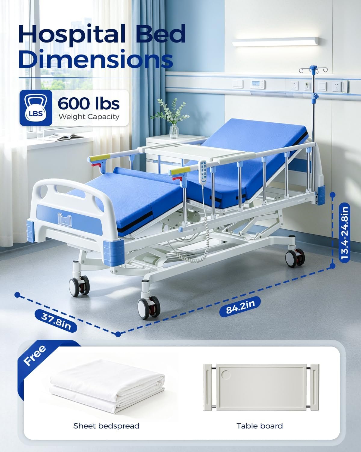 4 Function 600LBS Full Electric Hospital Bed, Beds for Home Use, Special Needs Medical Bed for Seniors with Mattress, Adjustable Hospital, Frame IV Pole, Medical Equipment Beds - Image 2
