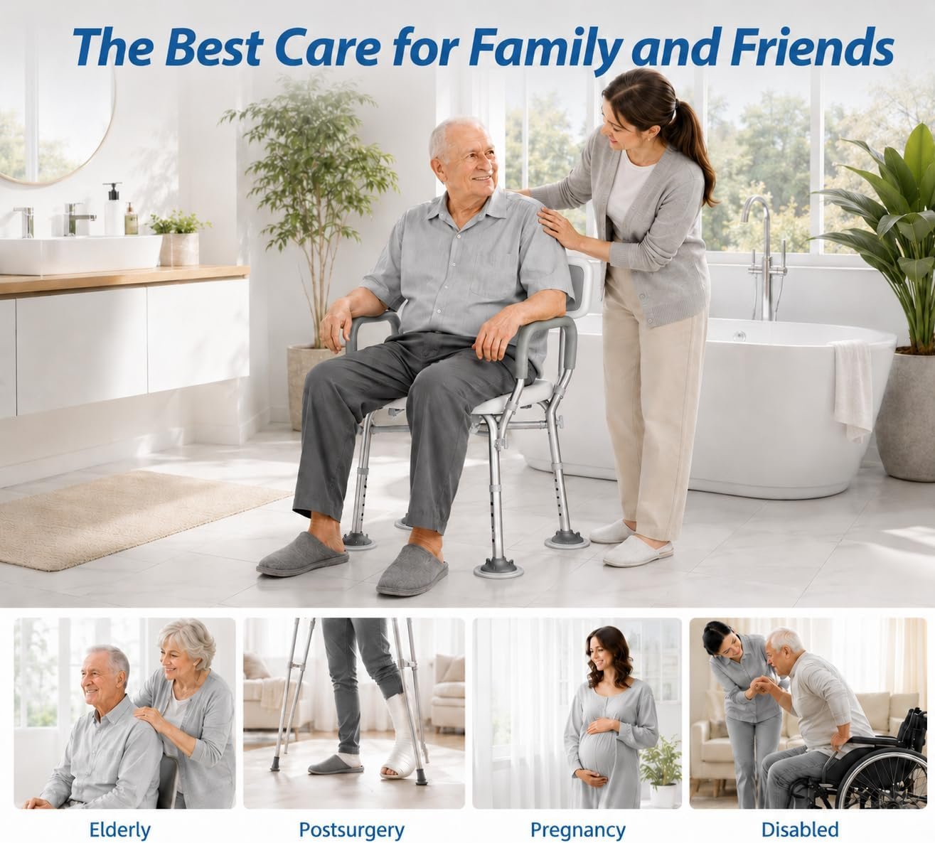 550lb Adjustable Shower Chair with Arms, Back and Suction Cup Feet | 6 height settings from13.4–18.1in, reinforced crossbars and tool-free assembly for easier setup and daily bathing. - Image 8