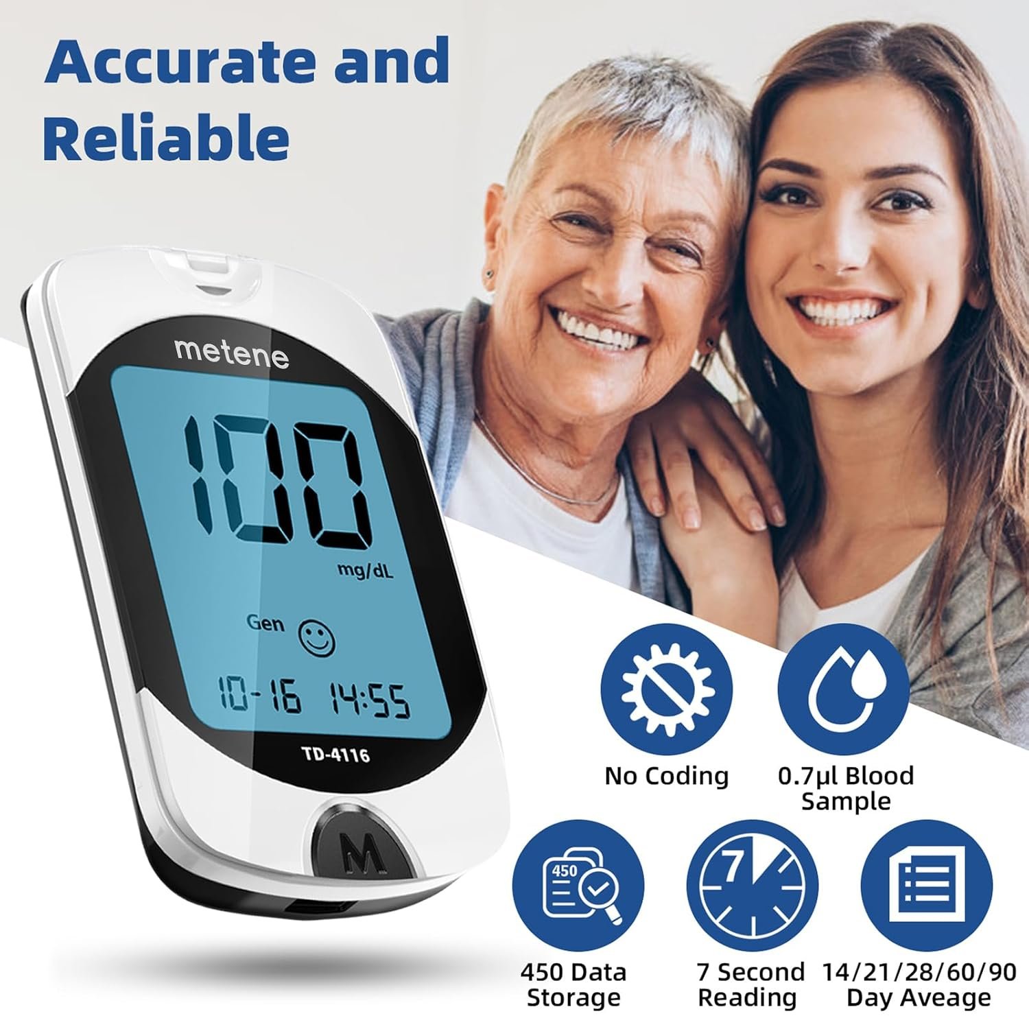 Metene TD-4116 Blood Glucose Monitor Kit, 100 Glucometer Strips, No Coding | 100 Lancets & Control Solution & Lancing Device, Blood Sugar Monitor Large Display , Blood Sugar Test Kit for Home Use - Image 3