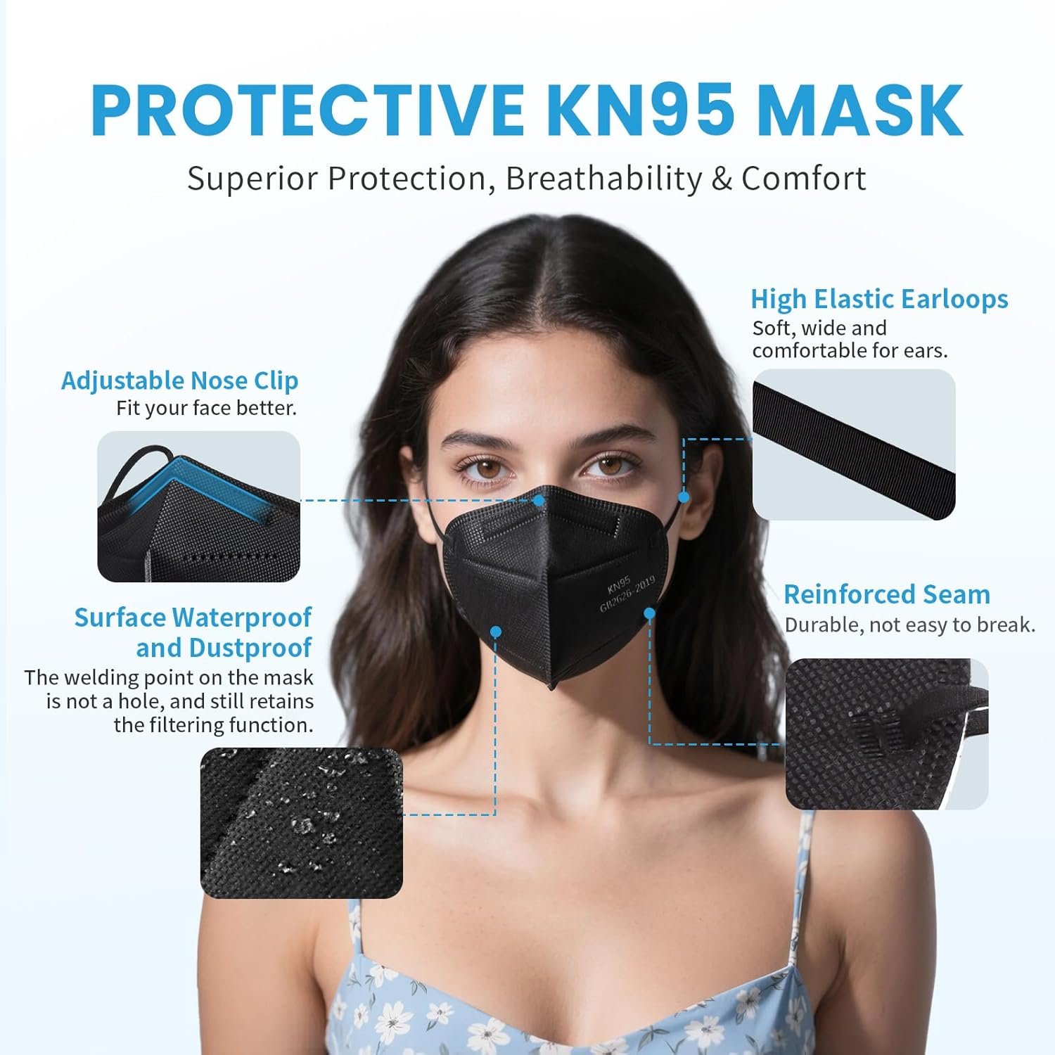 akgk KN95 Face Mask 50 PCS, Breathable Protection Masks, 5-Ply KN95 Black Masks, Cup Dust Safety Masks - Image 5