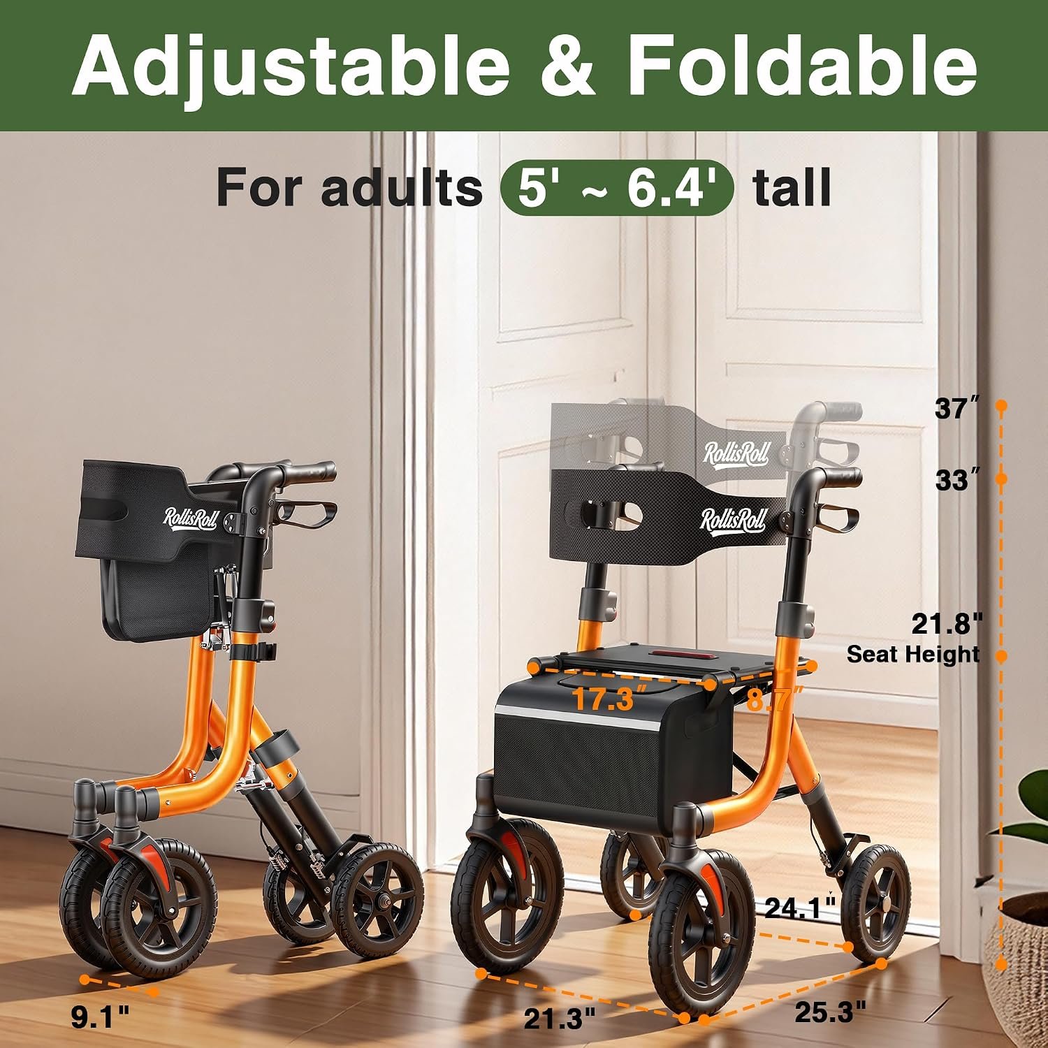 Walkers for Seniors, Rollator Walker with Seat, 10" Big Rubber Wheels All Terrain Rolling Walker, Lightweight Foldable Rollator Walker, Built-in Cable, Reinforced Aluminum Frame, Orange - Image 4