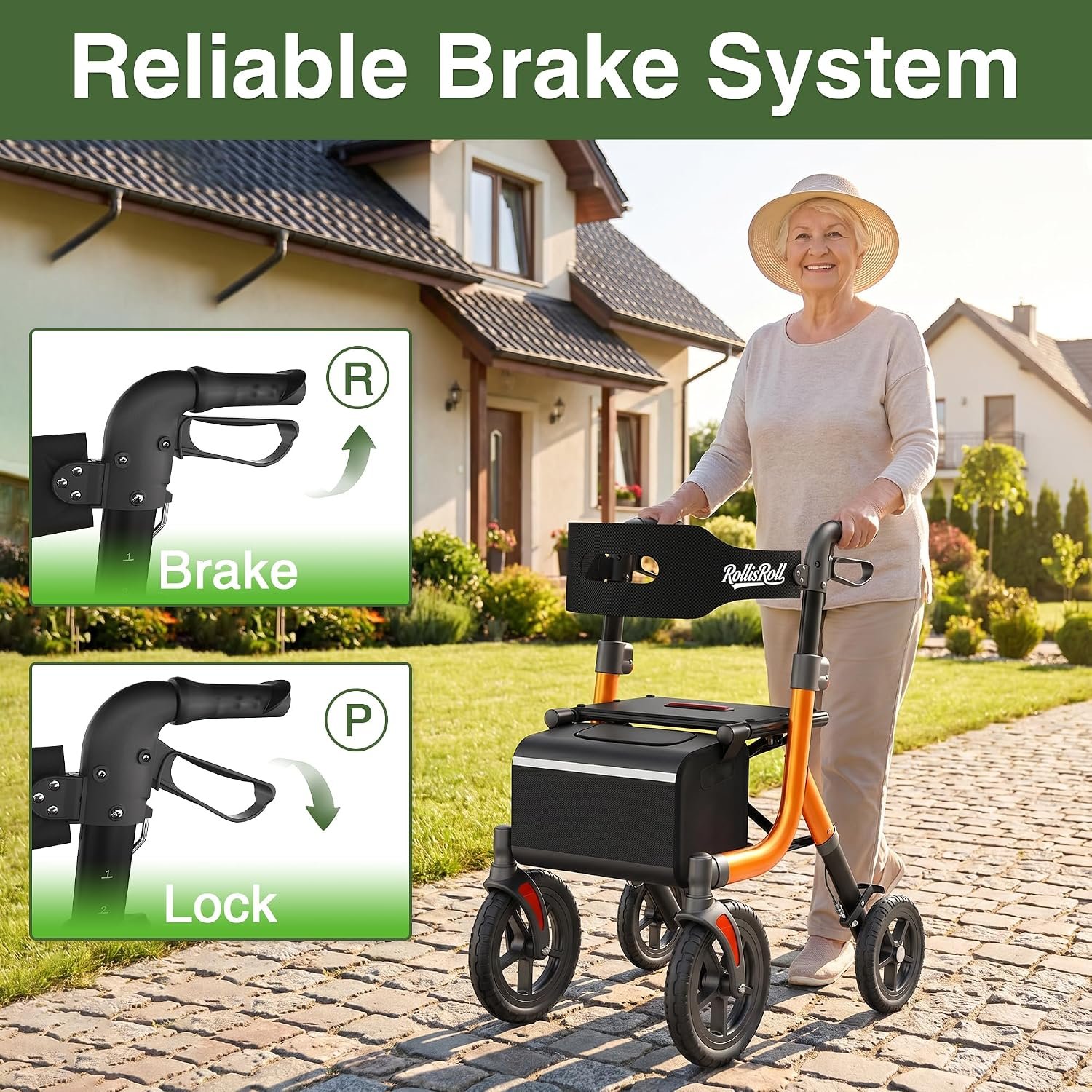 Walkers for Seniors, Rollator Walker with Seat, 10" Big Rubber Wheels All Terrain Rolling Walker, Lightweight Foldable Rollator Walker, Built-in Cable, Reinforced Aluminum Frame, Orange - Image 7