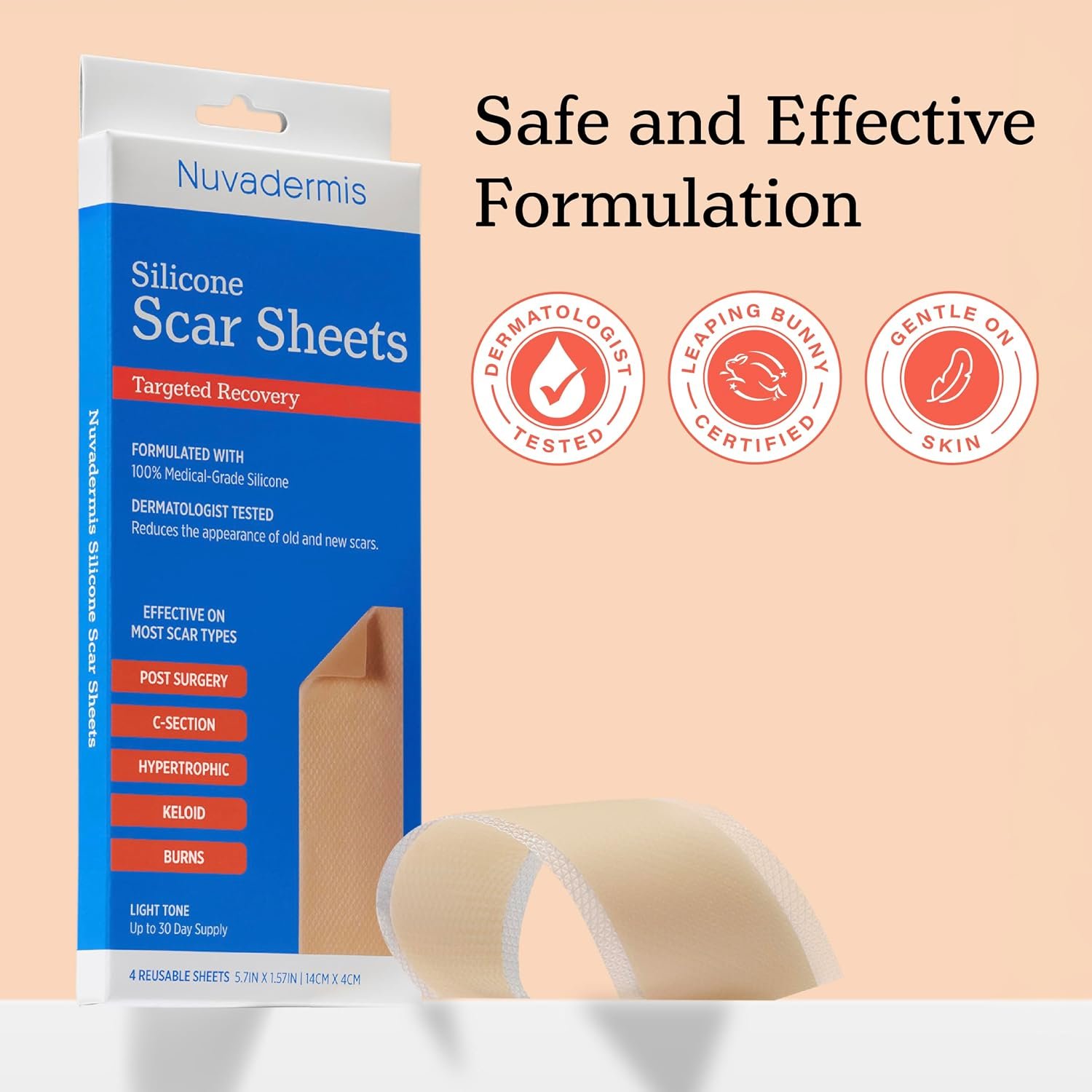 NUVADERMIS Silicone Scar Sheets - Extra Long Scar Sheets for C-Section, Tummy Tuck, Keloid, and Surgical Scars - Reusable Medical Grade Silicone Scar Sheets - Pack of 4 - Light Tone - Image 4