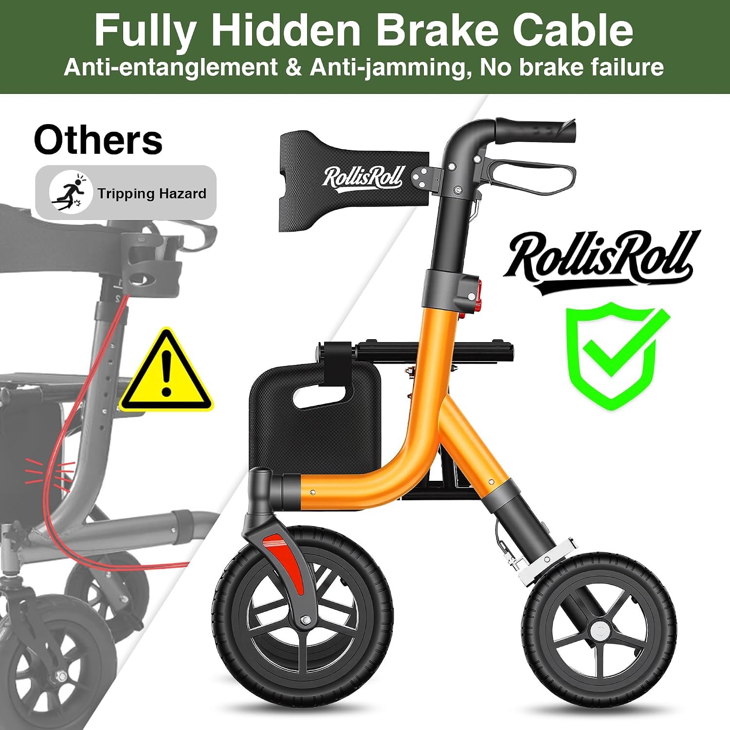 Walkers for Seniors, Rollator Walker with Seat, 10" Big Rubber Wheels All Terrain Rolling Walker, Lightweight Foldable Rollator Walker, Built-in Cable, Reinforced Aluminum Frame, Orange - Image 2