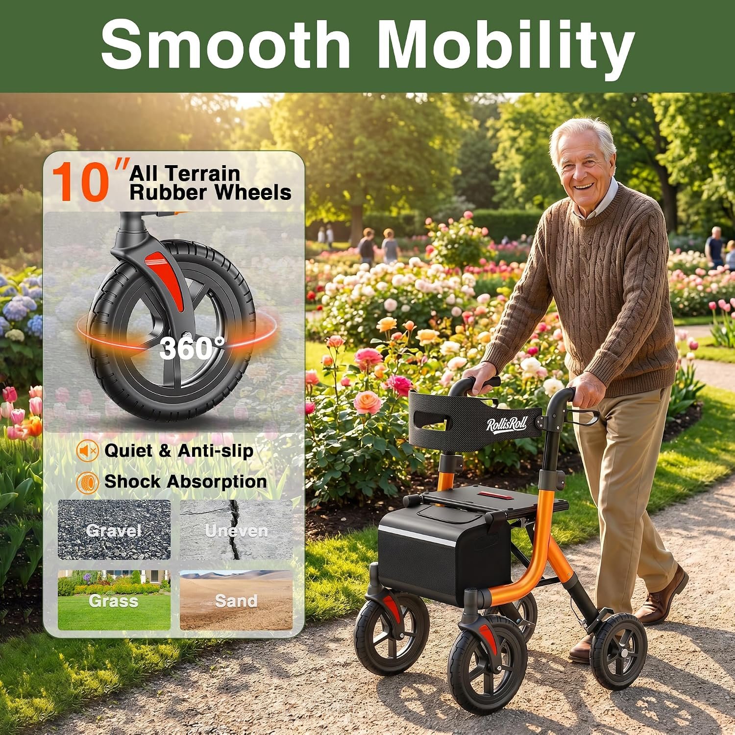 Walkers for Seniors, Rollator Walker with Seat, 10" Big Rubber Wheels All Terrain Rolling Walker, Lightweight Foldable Rollator Walker, Built-in Cable, Reinforced Aluminum Frame, Orange - Image 5