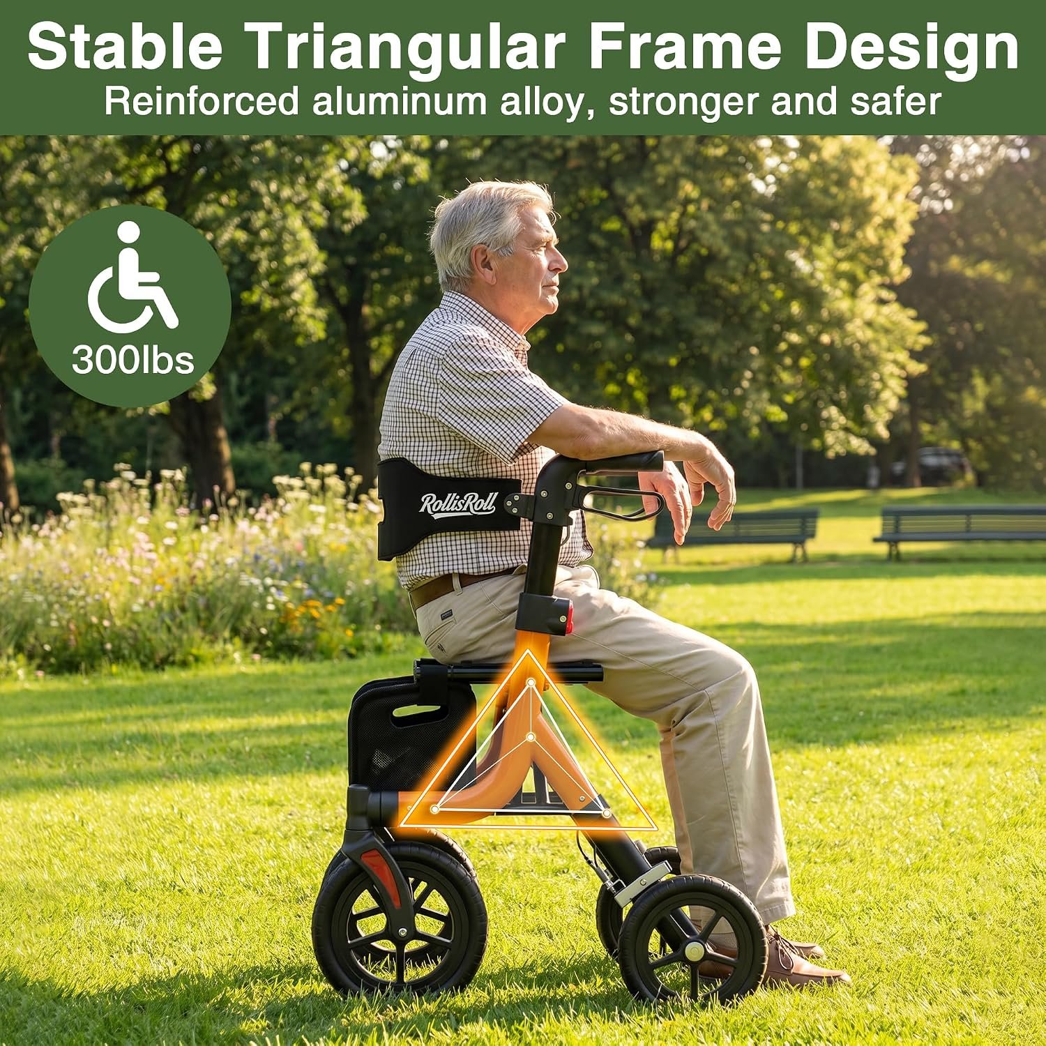 Walkers for Seniors, Rollator Walker with Seat, 10" Big Rubber Wheels All Terrain Rolling Walker, Lightweight Foldable Rollator Walker, Built-in Cable, Reinforced Aluminum Frame, Orange - Image 3