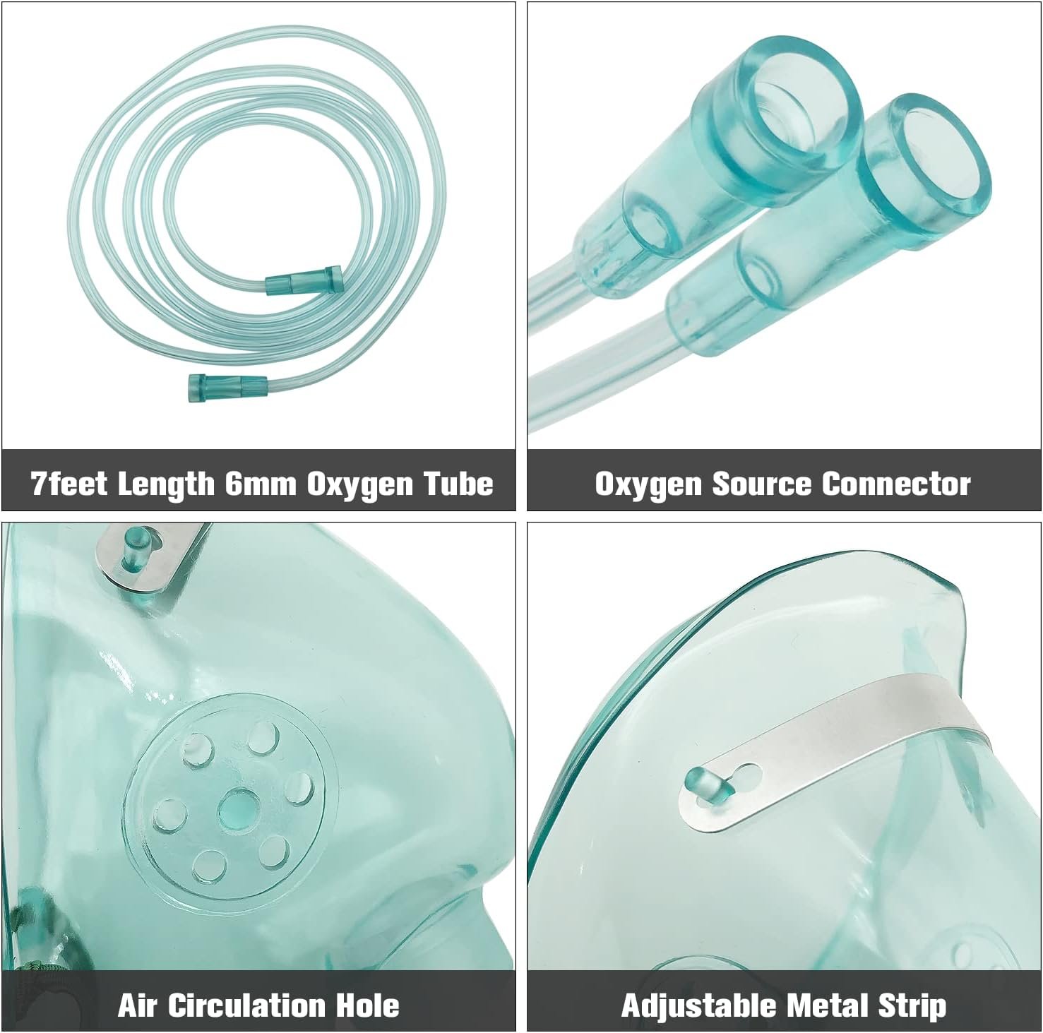 Oxygen Mask, Adult Standard Oxygen Mask with 7feet Length 6mm Oxygen Tube and Adjustable Elastic Strap, DEHP-Free and Latex-Free Materials, 2 Pack (Green,for Adult Standard) - Image 2