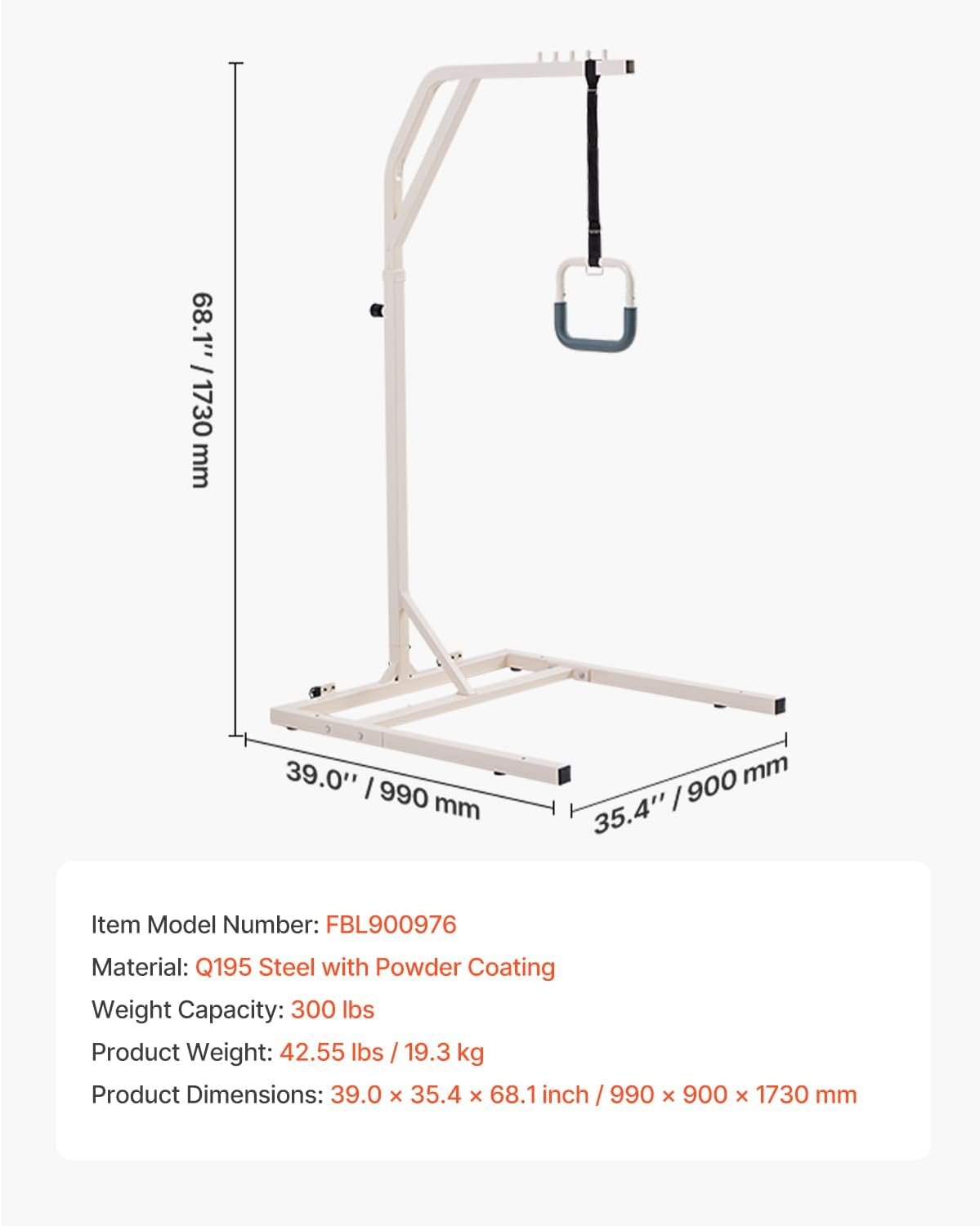 VEVOR Trapeze Bar for Bed Mobility, Height-Adjustable Free Standing Trapeze Bar with 2 Wheels, 300LBS Capacity Bed Pull Up Assist for Elderly Disabled, Ideal for Hospital, Nursing Home & Home Care - Image 7