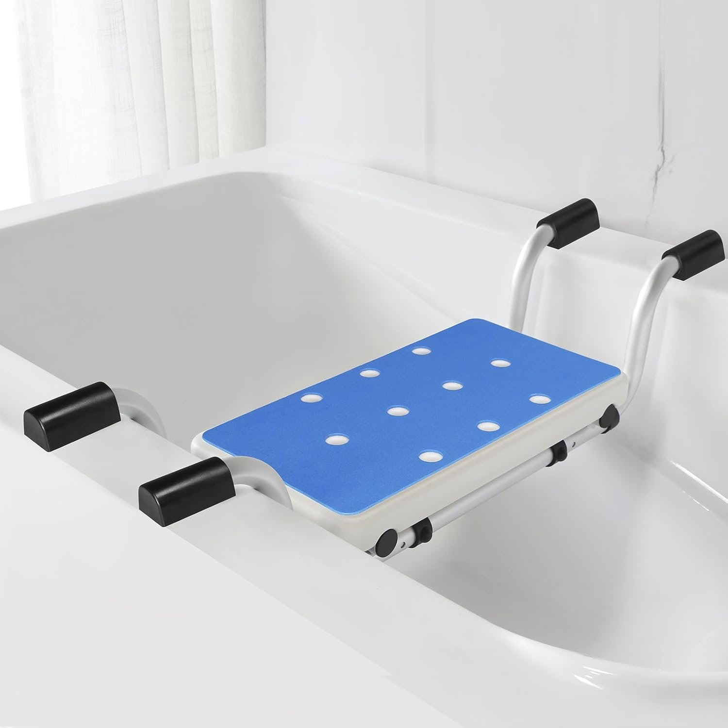 Bathtub Safety Seat for Seniors-Heavy Duty Aluminum Bench with Non-Slip Pads&Blue EVA Cushion,2-Width Adjustable Bath Seat Board, Anti-Scratch Design,Easy Tool-Free Installation