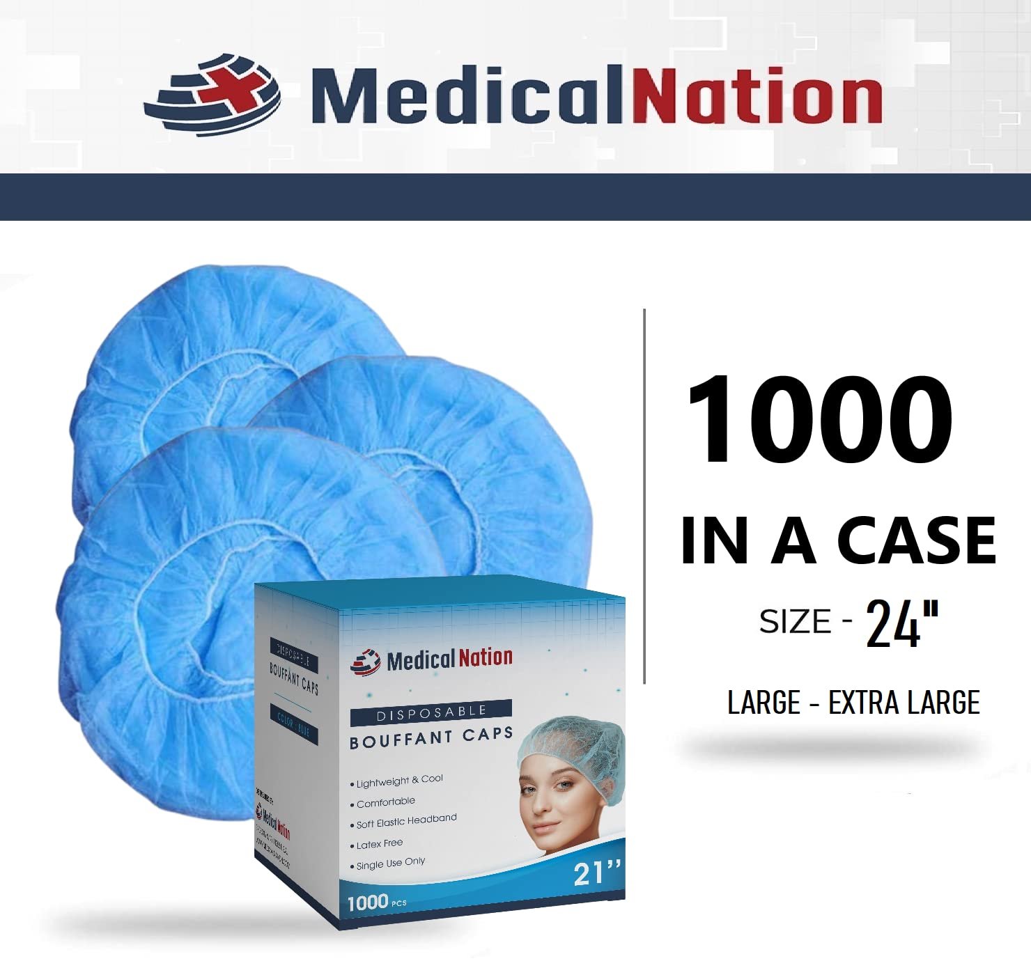 MEDICAL NATION 24" Disposable Bouffant Caps Hair Net | CASE OF 1000, BLUE | Non-Woven, Non-Pleated Hairnets | Perfect for Medical, Hospital, Labs, Nurse, Tattoo, Food Service, Cooking | Blue, Size 24" - Image 8