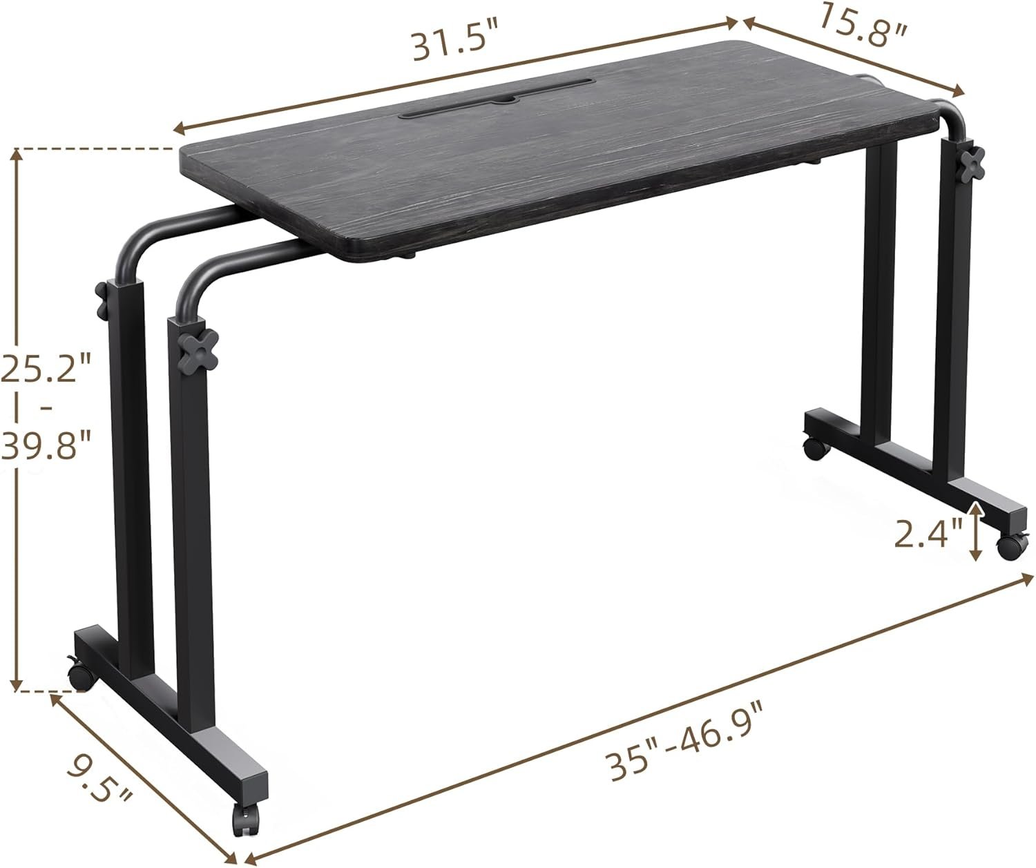 Overbed Table with Wheels, Height Adjustable Hospital Bed Table with Tablet Slot and Edge Stopper, Rolling Over Bed Desk for Recliner, Sofa, Single Bed, Laptop and Meals, Black - Image 2