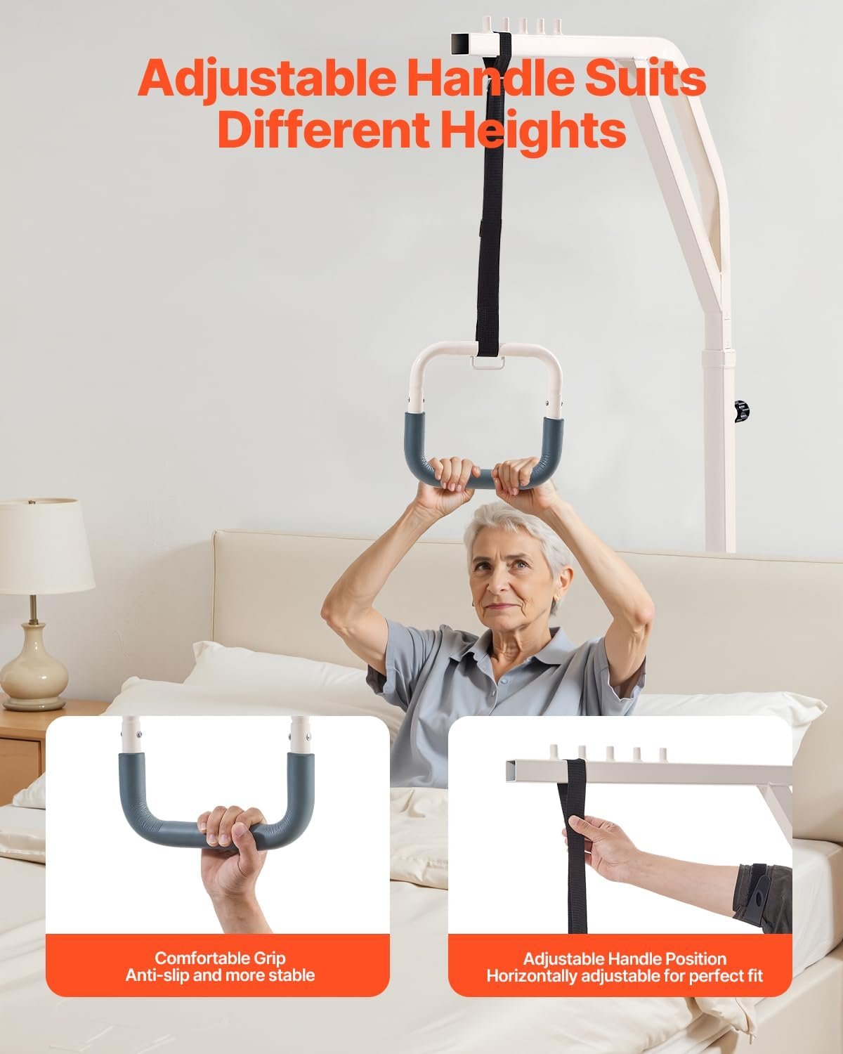 VEVOR Trapeze Bar for Bed Mobility, Height-Adjustable Free Standing Trapeze Bar with 2 Wheels, 300LBS Capacity Bed Pull Up Assist for Elderly Disabled, Ideal for Hospital, Nursing Home & Home Care - Image 4