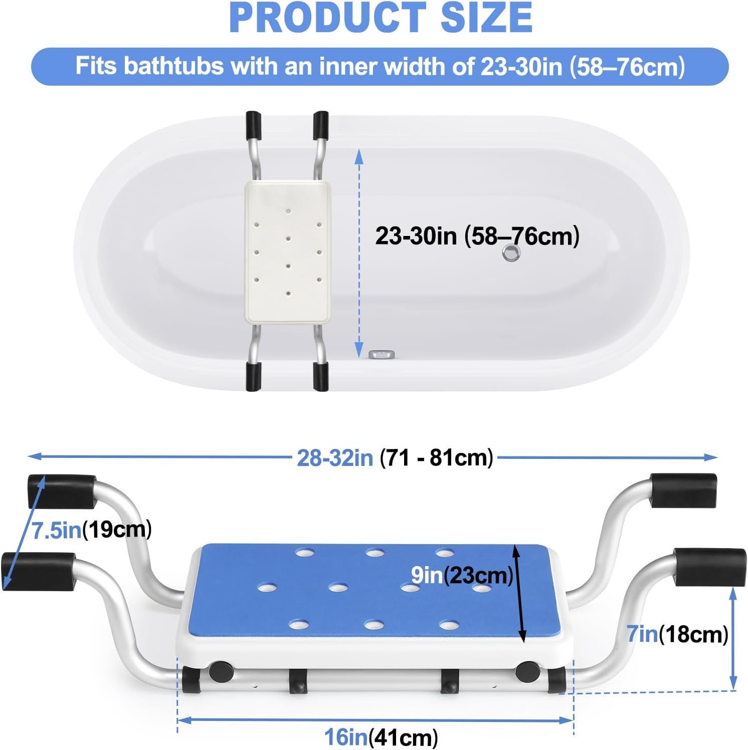 Bathtub Safety Seat for Seniors-Heavy Duty Aluminum Bench with Non-Slip Pads&Blue EVA Cushion,2-Width Adjustable Bath Seat Board, Anti-Scratch Design,Easy Tool-Free Installation - Image 2