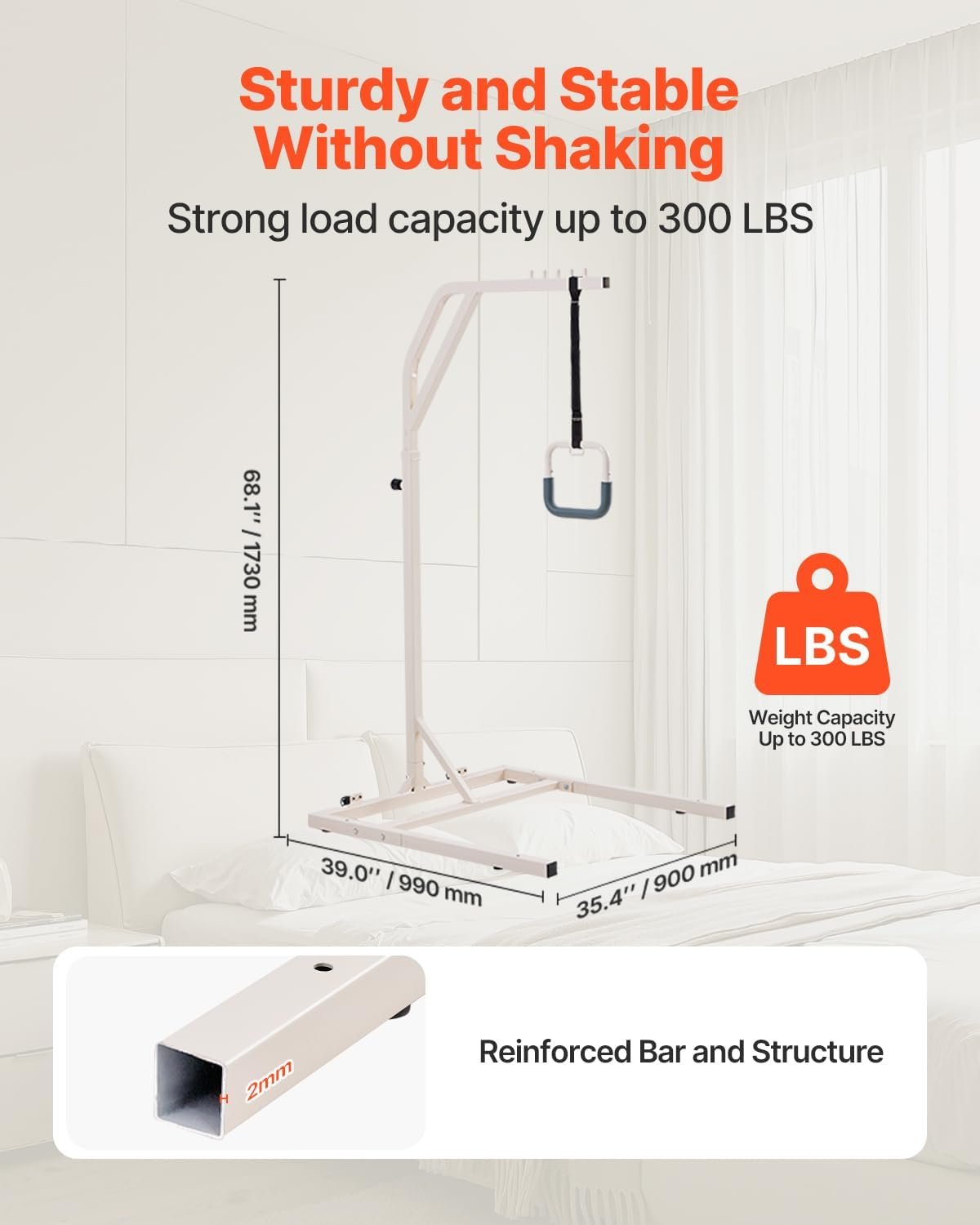 VEVOR Trapeze Bar for Bed Mobility, Height-Adjustable Free Standing Trapeze Bar with 2 Wheels, 300LBS Capacity Bed Pull Up Assist for Elderly Disabled, Ideal for Hospital, Nursing Home & Home Care - Image 2