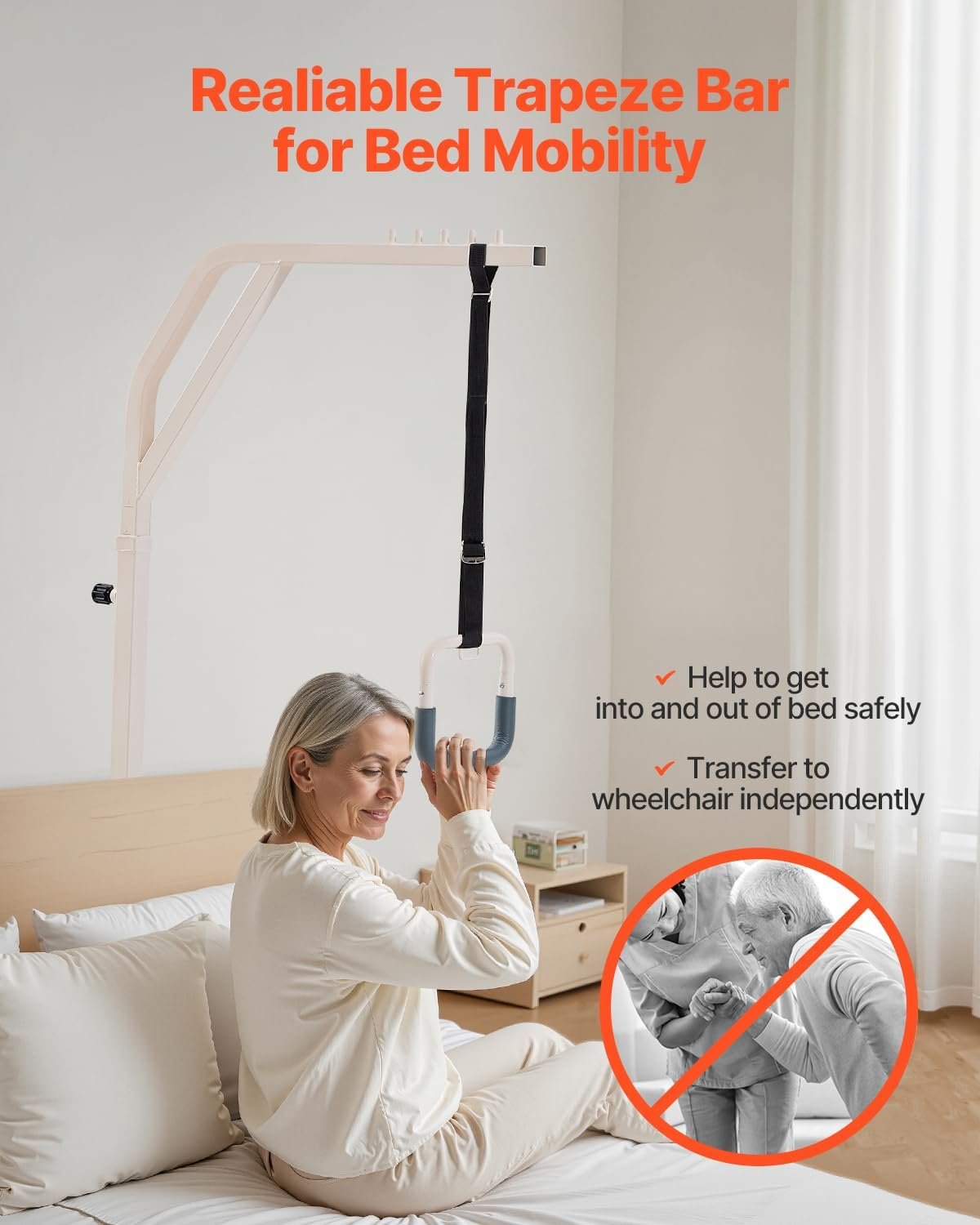 VEVOR Trapeze Bar for Bed Mobility, Height-Adjustable Free Standing Trapeze Bar with 2 Wheels, 300LBS Capacity Bed Pull Up Assist for Elderly Disabled, Ideal for Hospital, Nursing Home & Home Care - Image 3