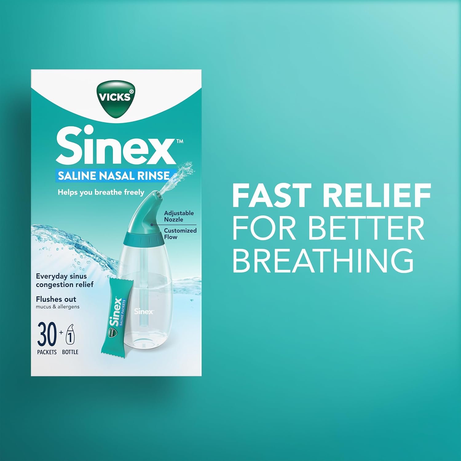 Vicks Sinex Saline Nasal Rinse Starter Kit, Drug Free Saline, Flush Out Mucus and Allergens, Fast & Effective Relief for Everyday Congestion from Sinus & Allergy, 1 Bottle + 30 Refill Packets - Image 9