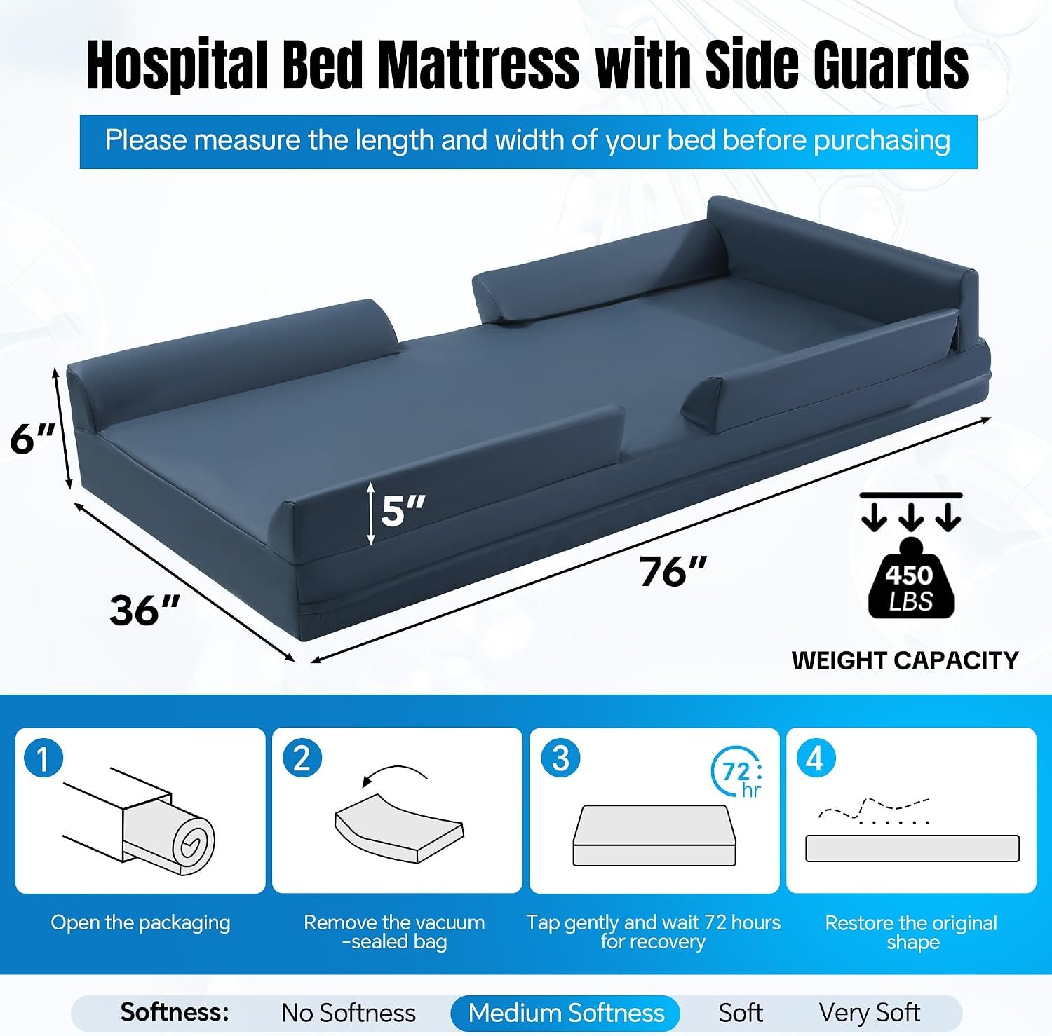 HOMBYS 6" Thickness 5-Zone Memory Foam Hospital Bed Mattress with Side Guards 76"x36", Thick FDA Registered Medical Mattress for Fall Prevention, Pressure Relief & Pain Reduction, Home/Clinical Use - Image 4