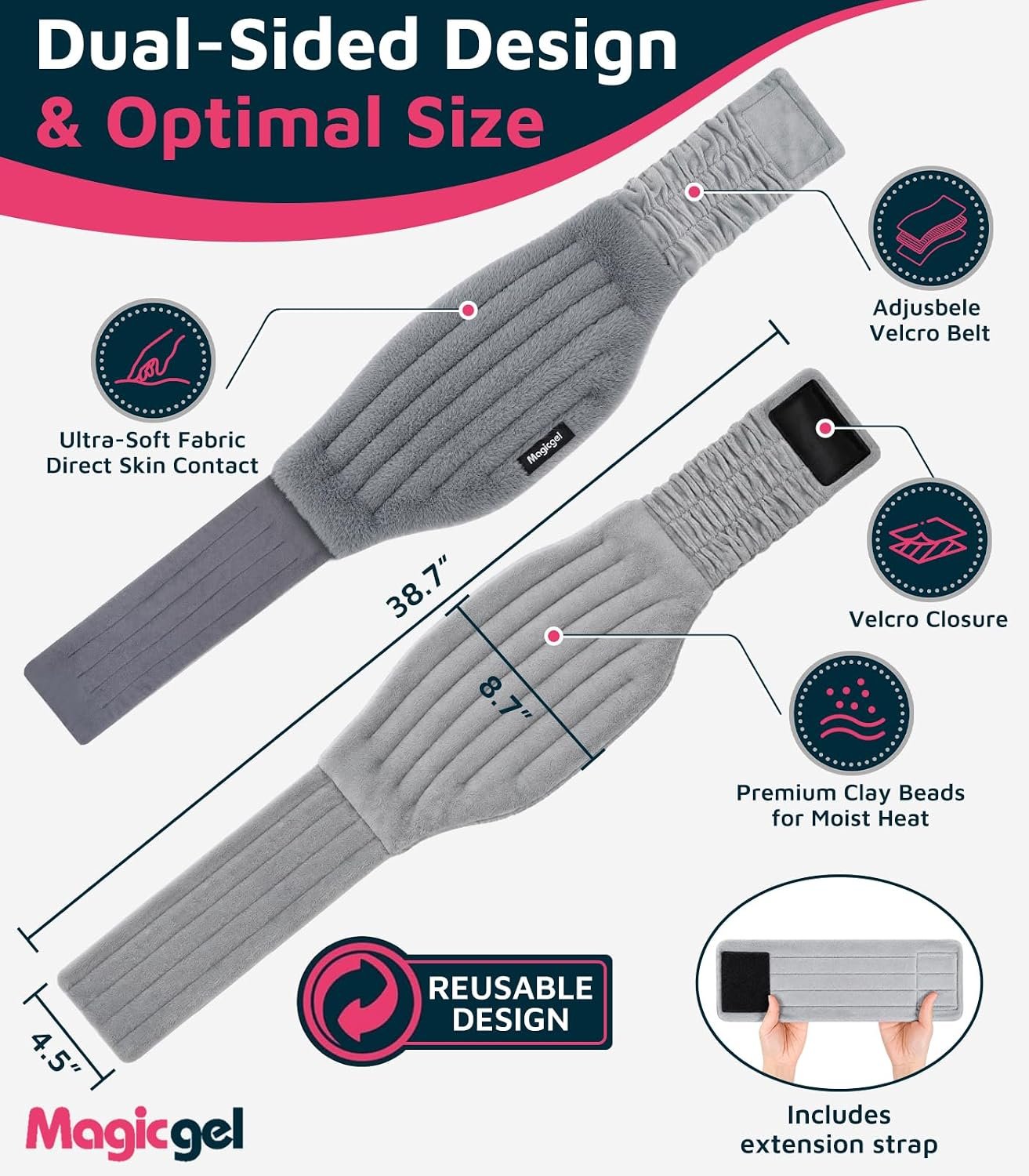 Magic Gel Microwave Heating Pad for Back Pain Relief, Clay Moist Heat Wrap with Adjustable Strap, Reusable Hot Therapy Pack for Lower Back, Period Cramps, Neck, Shoulder & Muscle Tension, Gray - Image 3