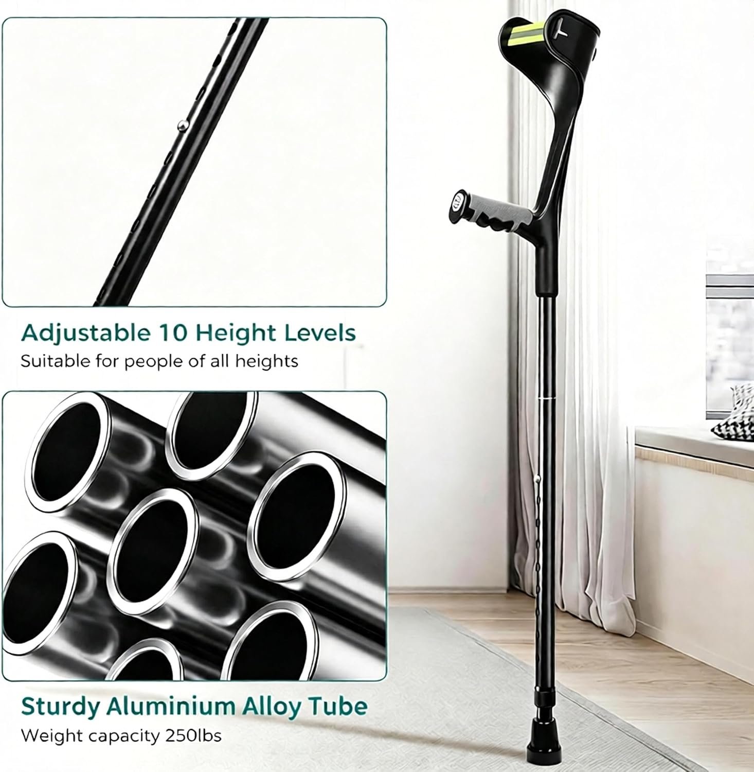 Forearm Crutches for Adults, Lightweight Folding Arm Crutch Forearm with Anti-Drop Cuff, 10 Levels Adjustable Height, Muletas para Adultos for Heavy Duty (Black) (Large) - Image 6