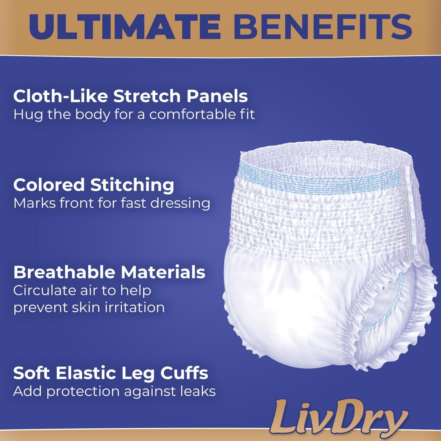 LivDry Ultimate 2XL Adult Incontinence Underwear, Max Absorbent Diapers for Women and Men, XXL 60” -80" Waist, Leak Proof Cuff, XX-Large, 44 Pack - Image 3