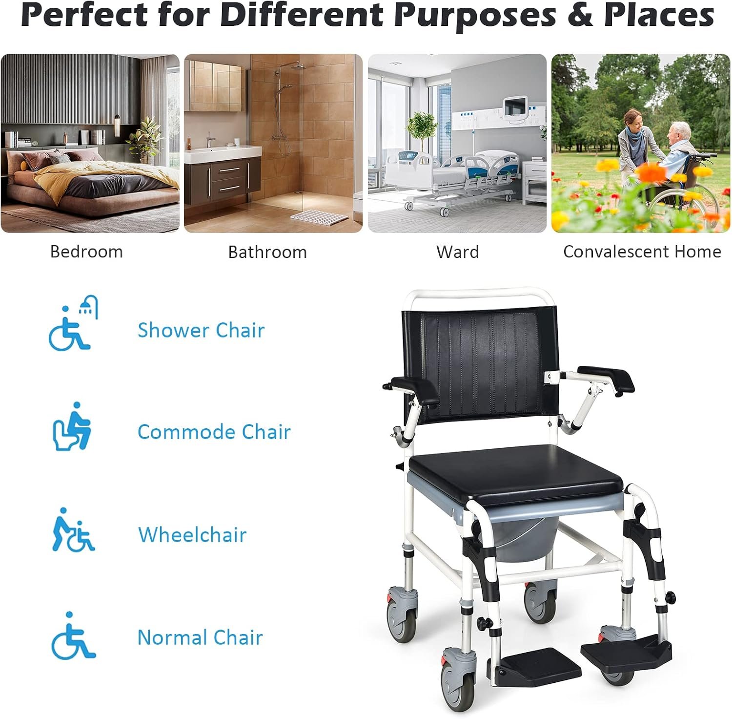 Giantex 4-in-1 Bedside Commode Shower Wheelchair, Commode Chair for Toilet with Arms, 4 Lockable Wheels, Detachable Bucket, Height Adjustable & Flip-up Footrest, Padded Mobile Toilet Chair - Image 6