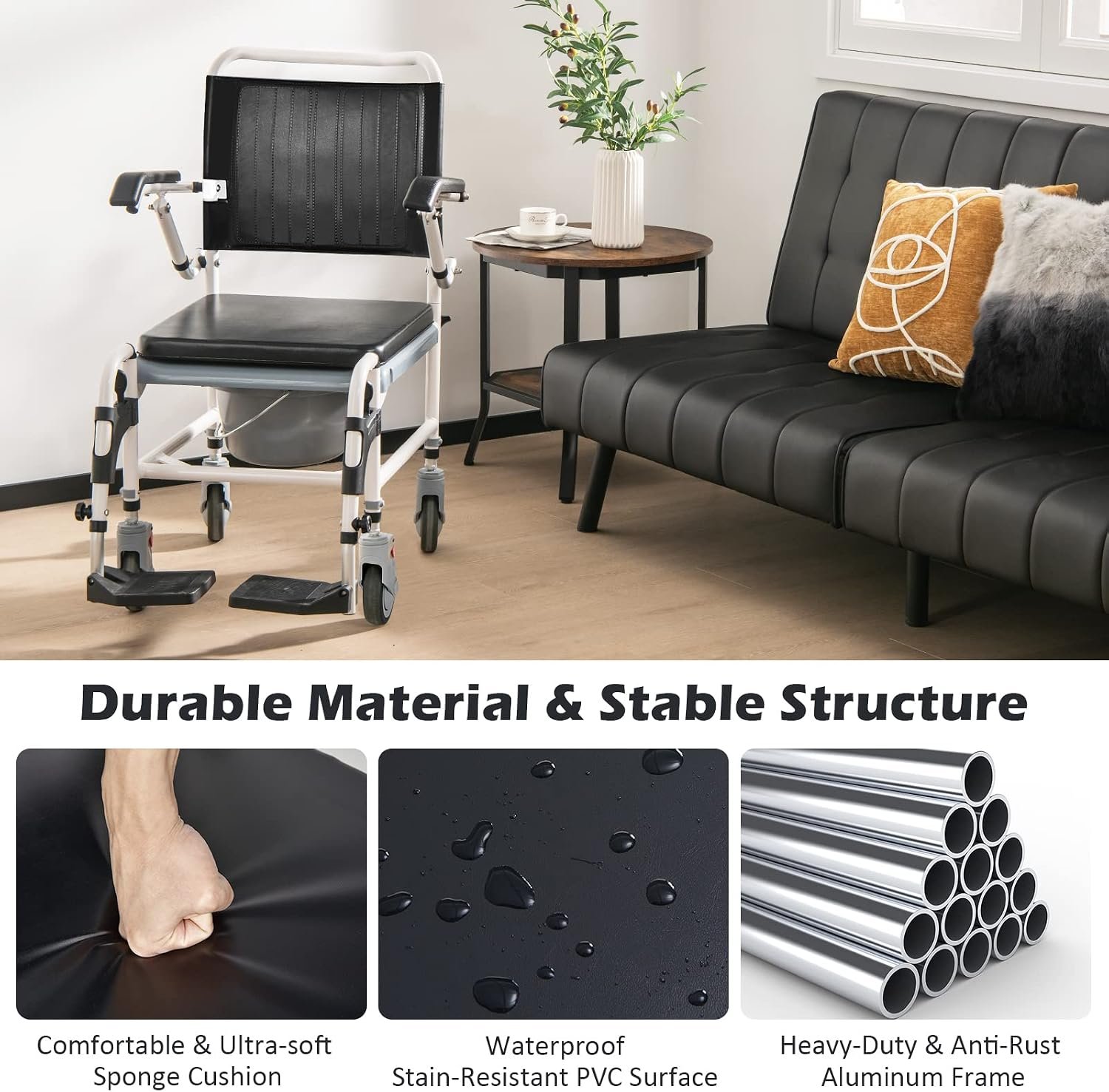 Giantex 4-in-1 Bedside Commode Shower Wheelchair, Commode Chair for Toilet with Arms, 4 Lockable Wheels, Detachable Bucket, Height Adjustable & Flip-up Footrest, Padded Mobile Toilet Chair - Image 7