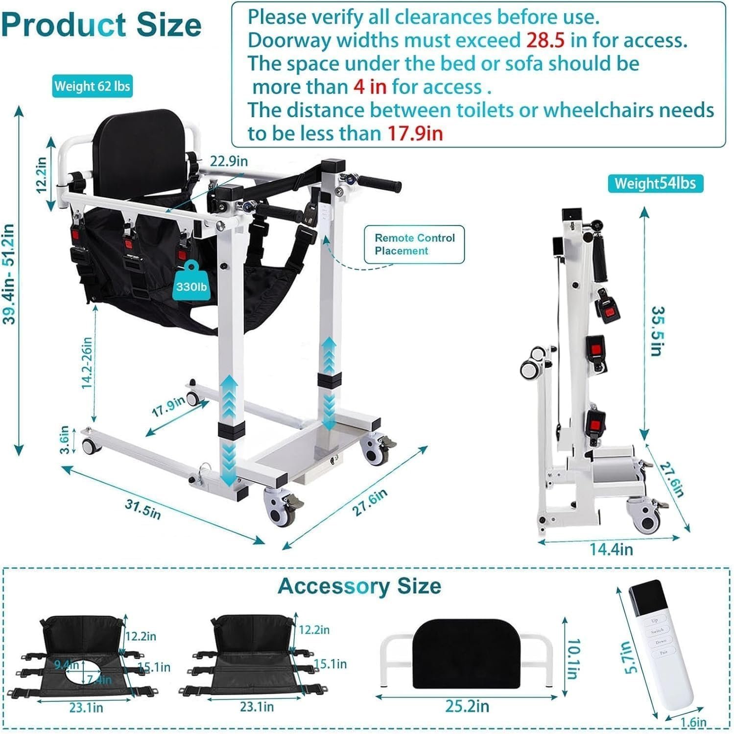 Electric Patient Lift Transfer Chair, Electric Transfer Lift for Car, Portable Folding Patient Lift for Home, Adjustable Height Bathroom Transfer Chairs for Seniors, Adults, Disabled - Image 2