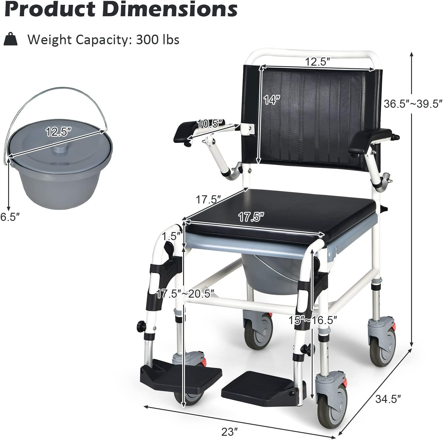 Giantex 4-in-1 Bedside Commode Shower Wheelchair, Commode Chair for Toilet with Arms, 4 Lockable Wheels, Detachable Bucket, Height Adjustable & Flip-up Footrest, Padded Mobile Toilet Chair - Image 8