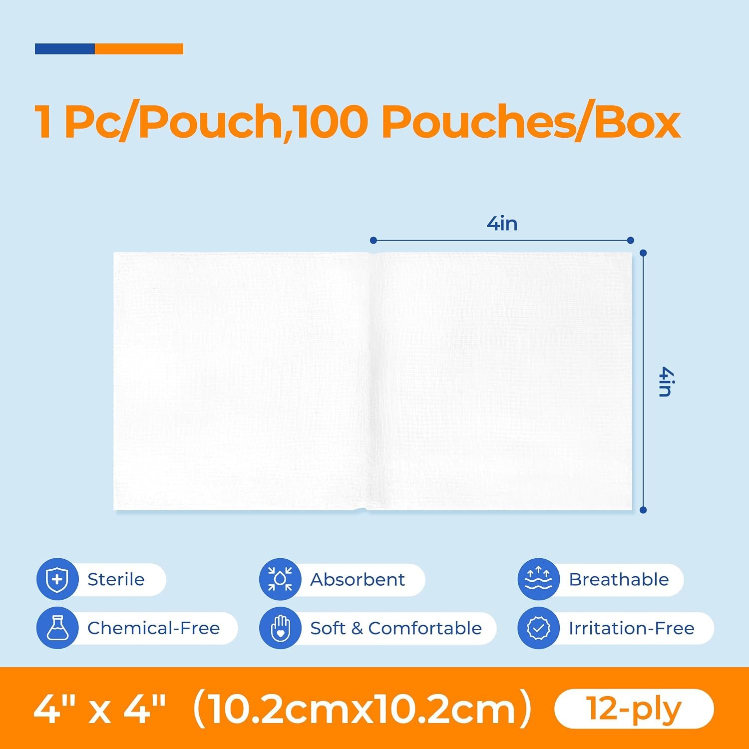 100 Pack Sterile Gauze Pads 4x4 Inch 12-Ply, 100% Cotton Large Gauze Sponges for Wound Care, Highly Absorbent Bulk Hospital-Grade First Aid & Surgical Dressing - Image 2