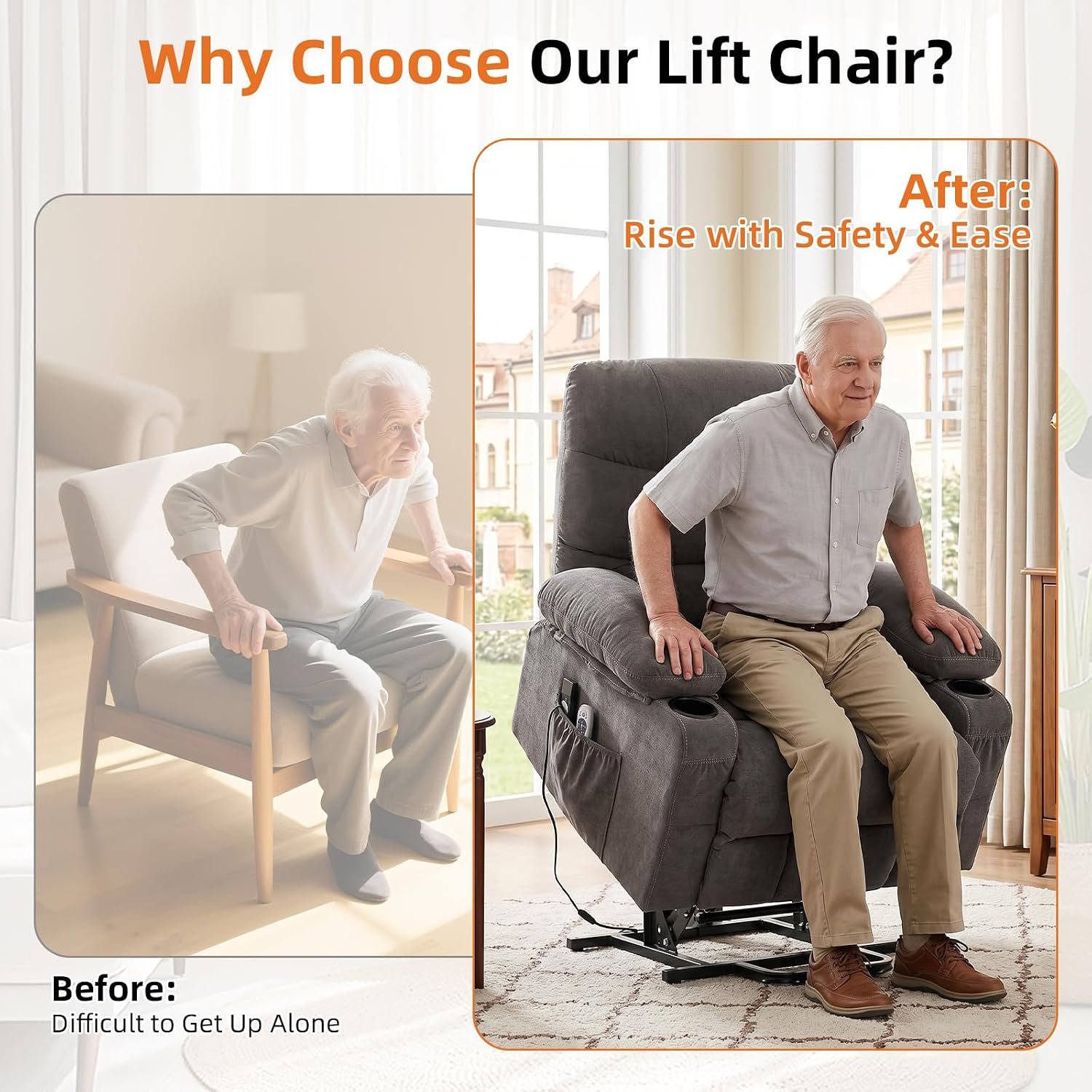 Power Lift Recliner Chair for Elderly with Vibration Massage and Lumbar Heating Electric Recliner Sofa with Cup Holders and USB Charge Port for Living Room Comfort - Image 7