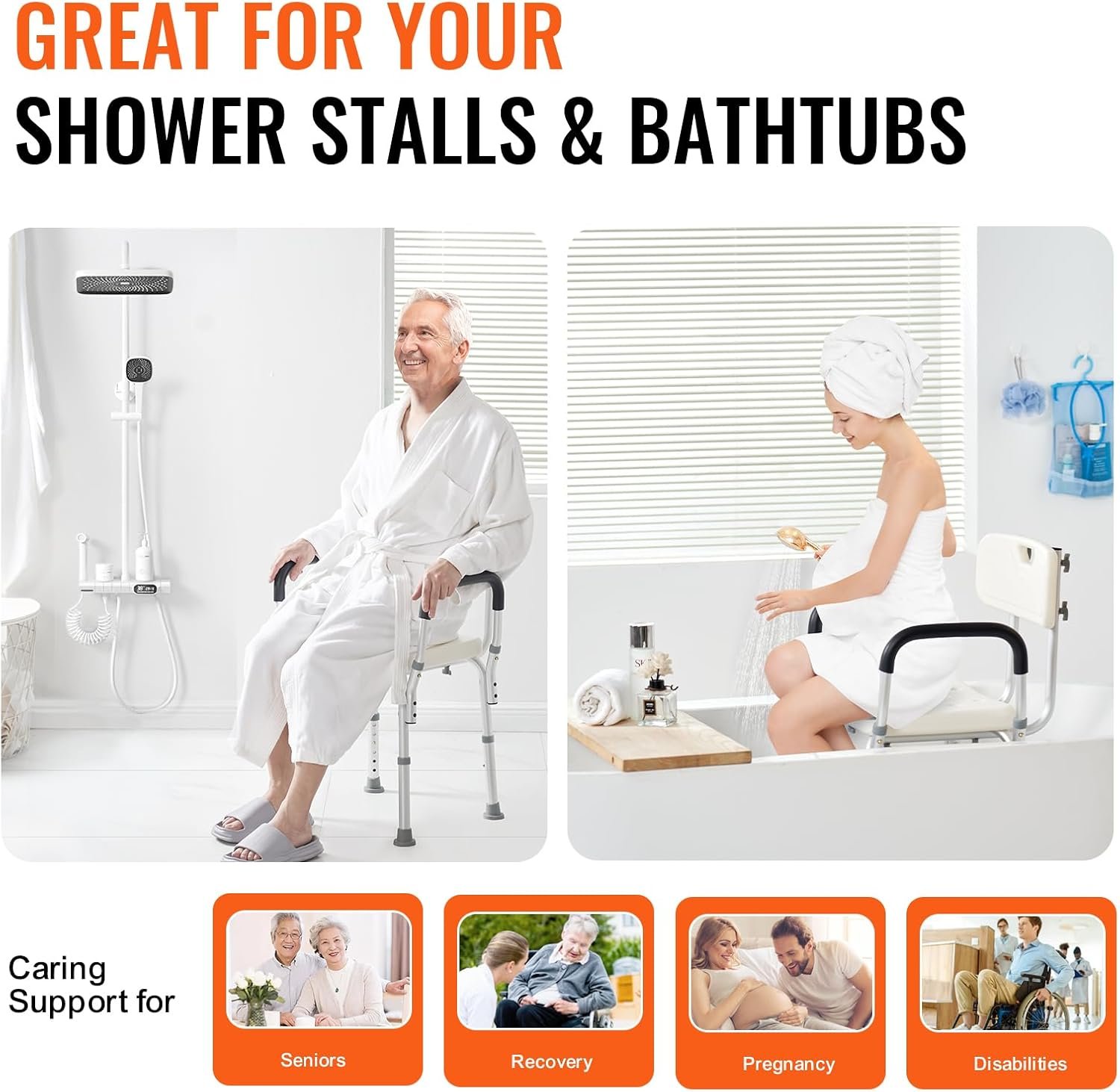 VEVOR Shower Chair, Shower Seat with Back, Adjustable Height Shower Stool, Shower Chair for Inside Shower Bathtub, Non-Slip Bathroom Bench Bath Chair for Elderly Disabled Handicap, 350 LBS Capacity - Image 5